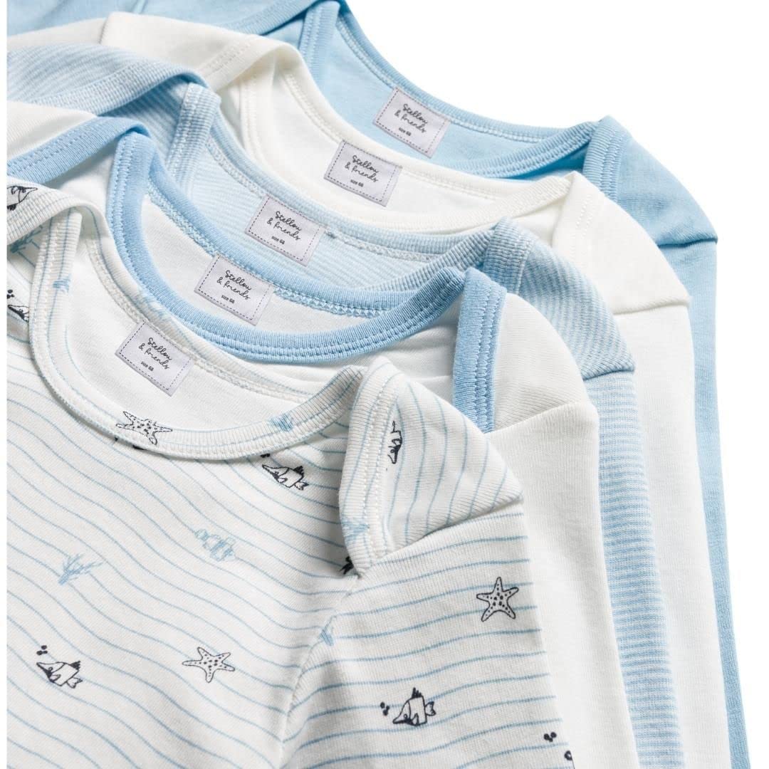 Stellou & friends Newborn, Baby and Toddler Unisex Long-Sleeve Bodysuit for Boys & Girls, Pack of 5 (Blue, 9-12 Months)