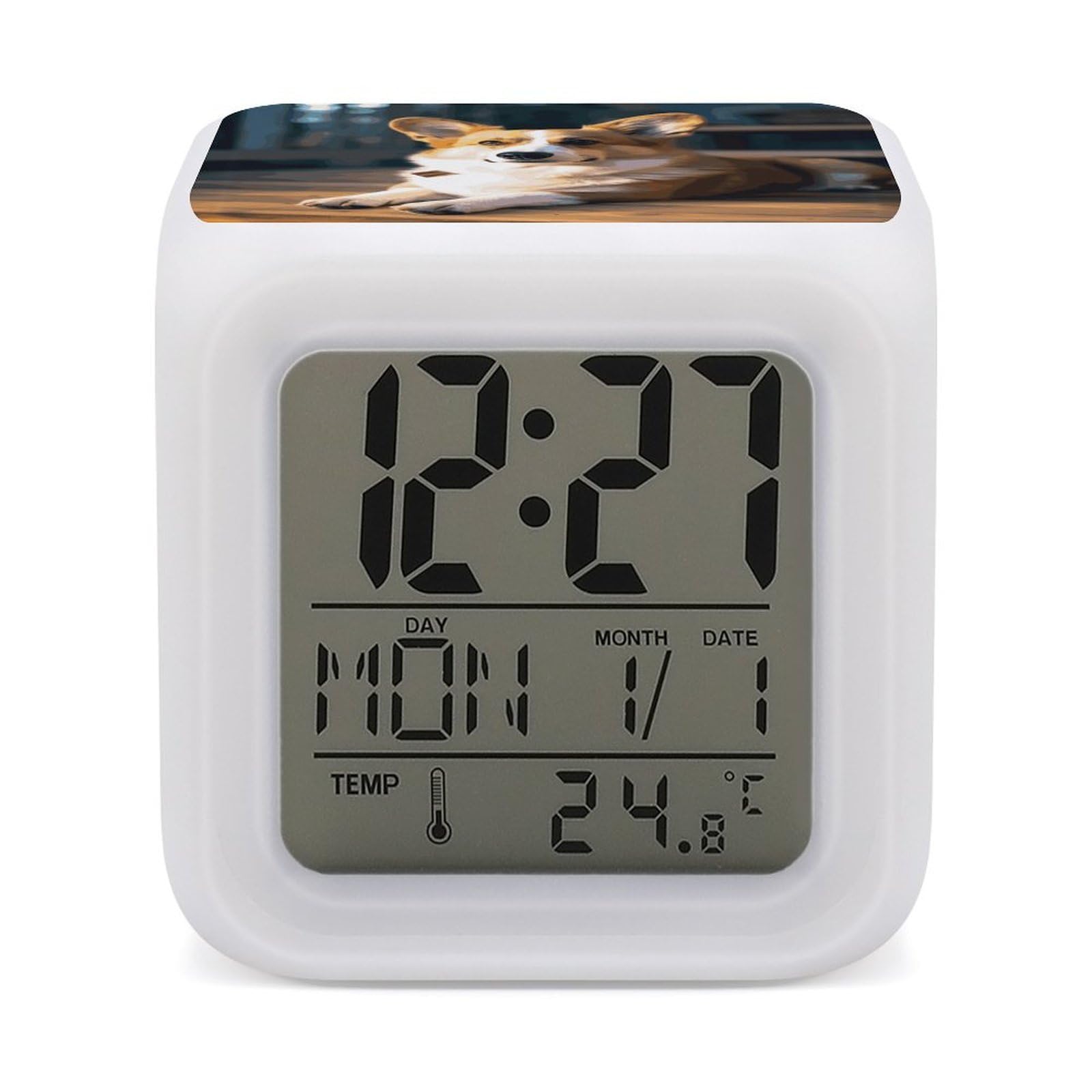 FekiLoot Smart Corgi Alarm Clock for Heavy Sleepers Small Digital Alarm Clock with Date Temperature Wake Up Digital Clocks with 7 Colors Changing Desk Clocks for Bedroom Bedside Nightstand
