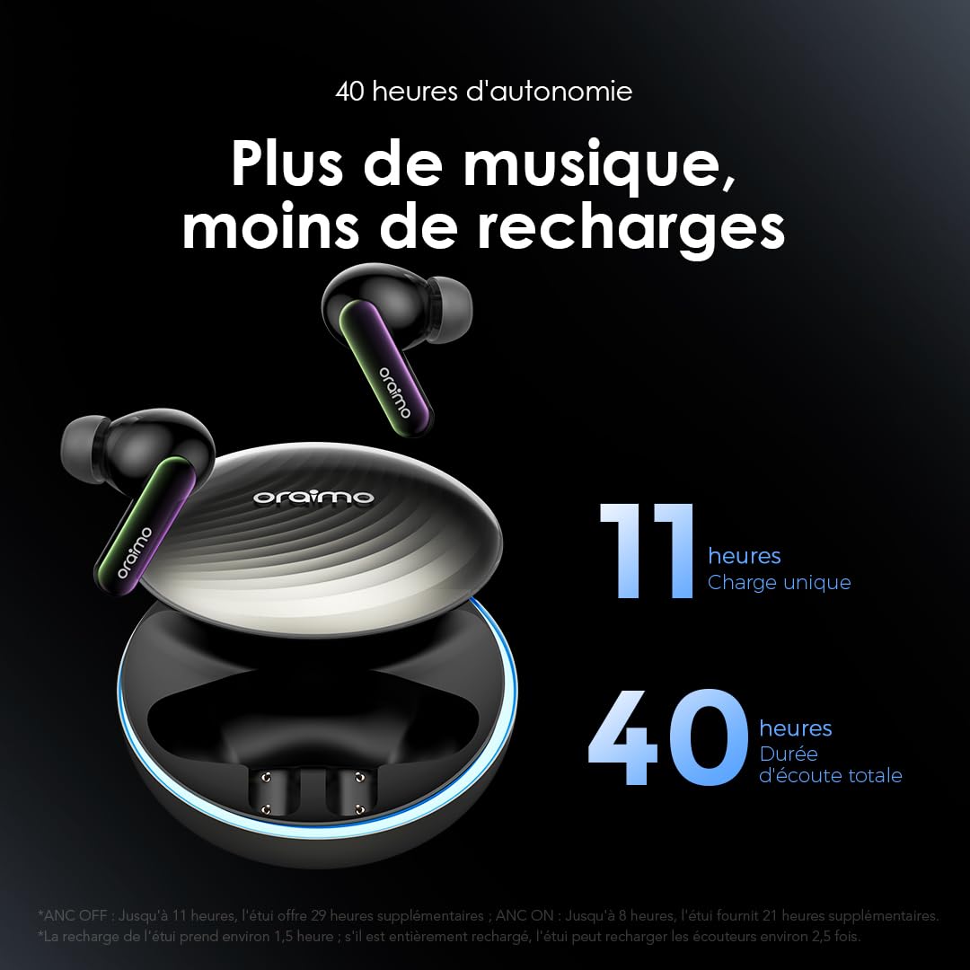 Oraimo SpaceBuds - Écouteurs Bluetooth sans Fil, Réduction de Bruit Active ANC Hybride 50dB, Autonomie 40h, Écouteurs Intra Auriculaires Basse Latence Jeu, 6 Micros Appel Clair, IP54 - Space Grey