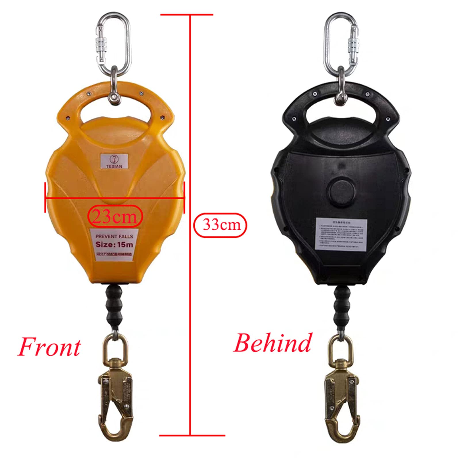 Anticaídas Anticaídas, Cinturón Anticaídas, Retráctil con Sistema de Amortiguación, Dispositivo de Seguridad de Altura para Escalada y Trabajos Aéreos, Amarillo, 10m/15m, Carga: 150kg