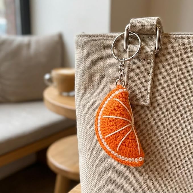 Handmade Crochet Orange Slice Keychain for Women & Girls | Cute Fruit Bag Charm, Key Ring & Backpack Accessory | Knitted Citrus Pendant | Birthday Return Gift, Car Keychain & Gift-picture-27