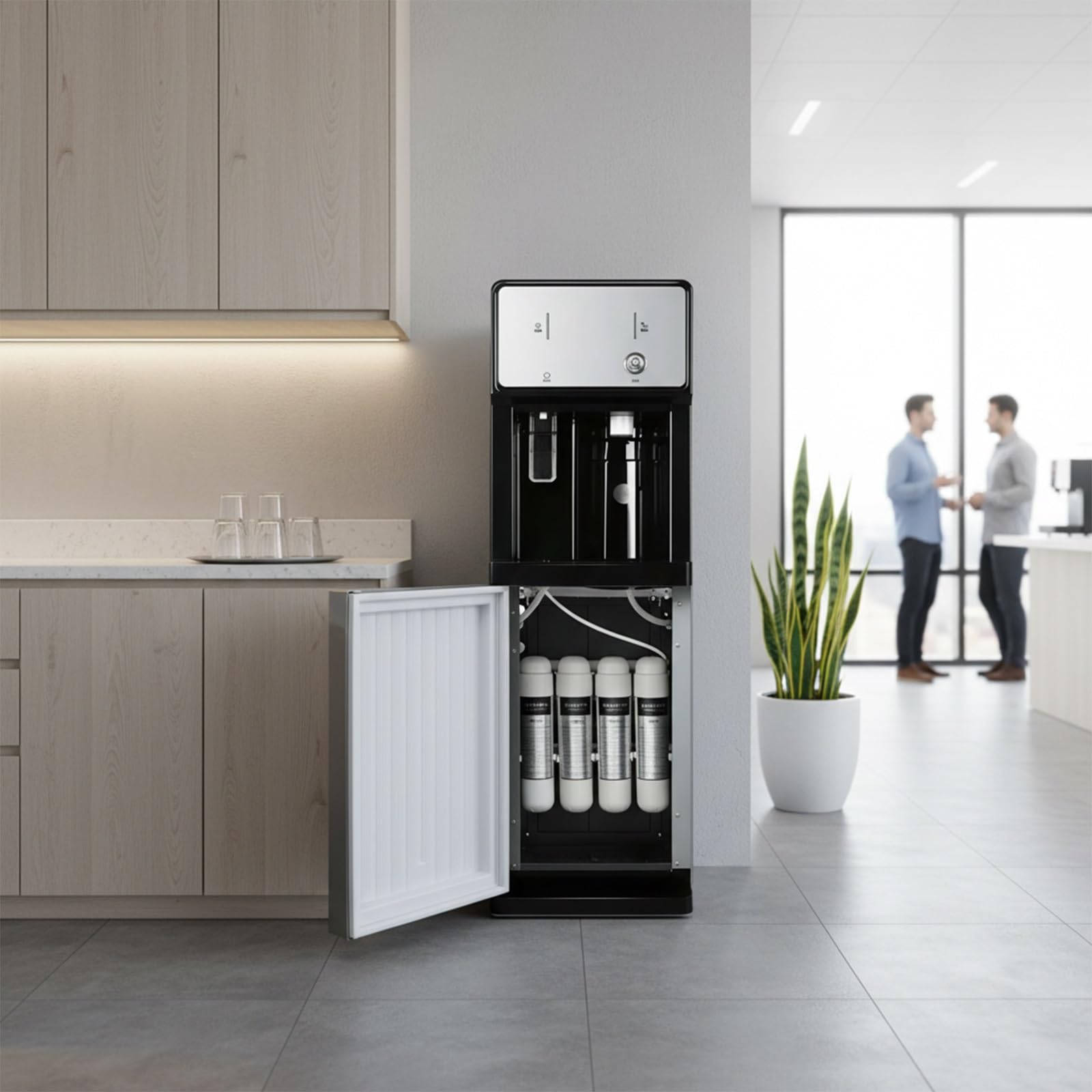 Enfriador dispensador de Agua filtrada de 4 etapas, Alimentado por Red eléctrica, multitemperatura for hoteles, restaurantes, cafeterías y Espacios comerciales