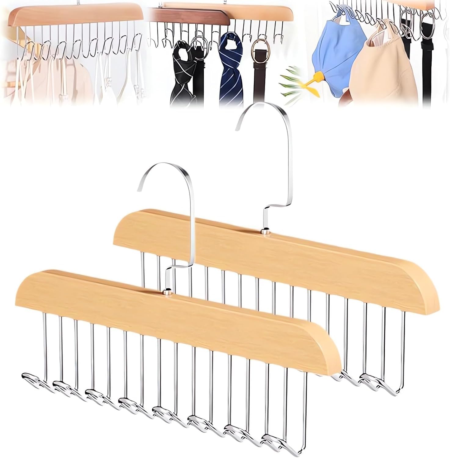 DRANZ Premium Wooden Hanger with Adjustable 8 Hooks, 360° Swivel, Multipurpose Non-Slip Closet Organizer for Lingerie, Bras, Belts, Scarves, Ties & Clothing, Space-Saving Wardrobe Storage Rack Holder.