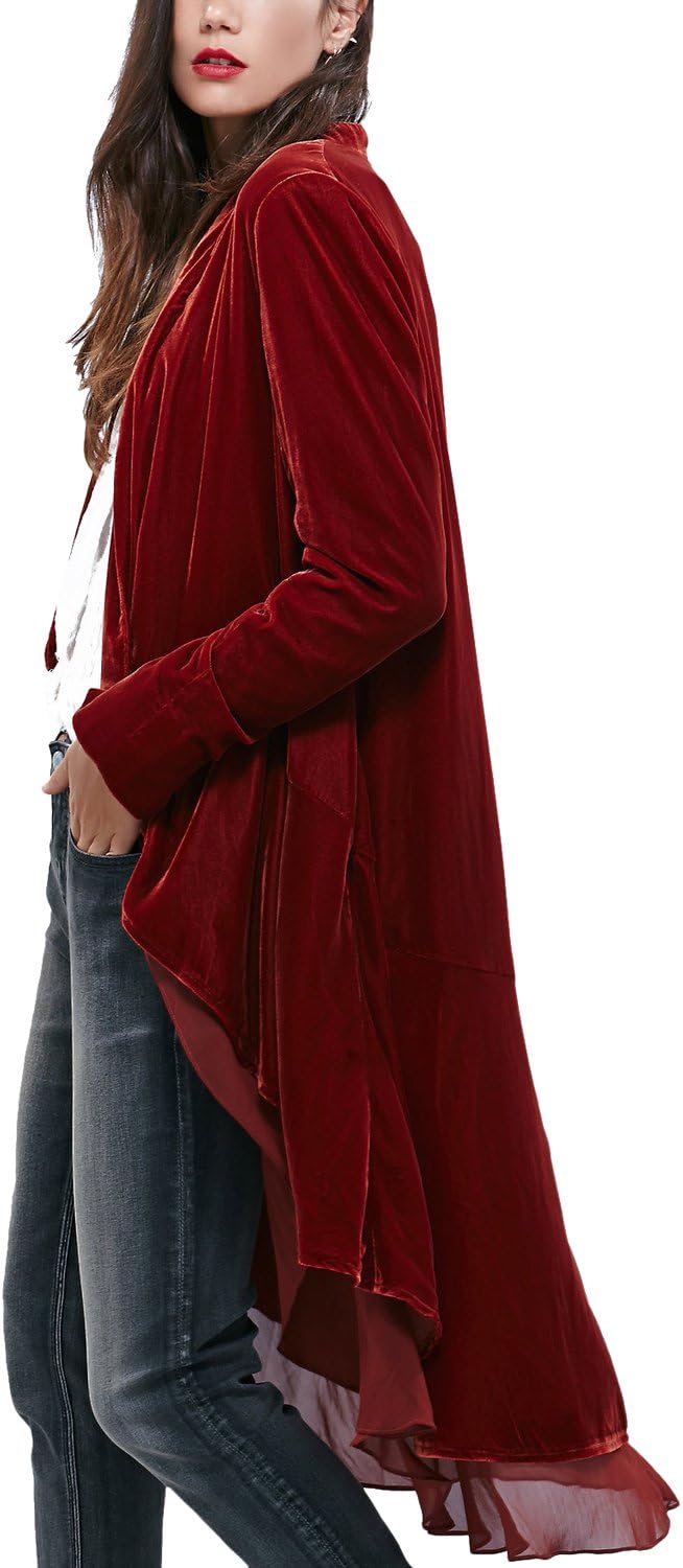 Urban CoCo Women's Long Sleeve Velvet Cardigan Coat with Asymmetric Chiffon Hem - Image 2