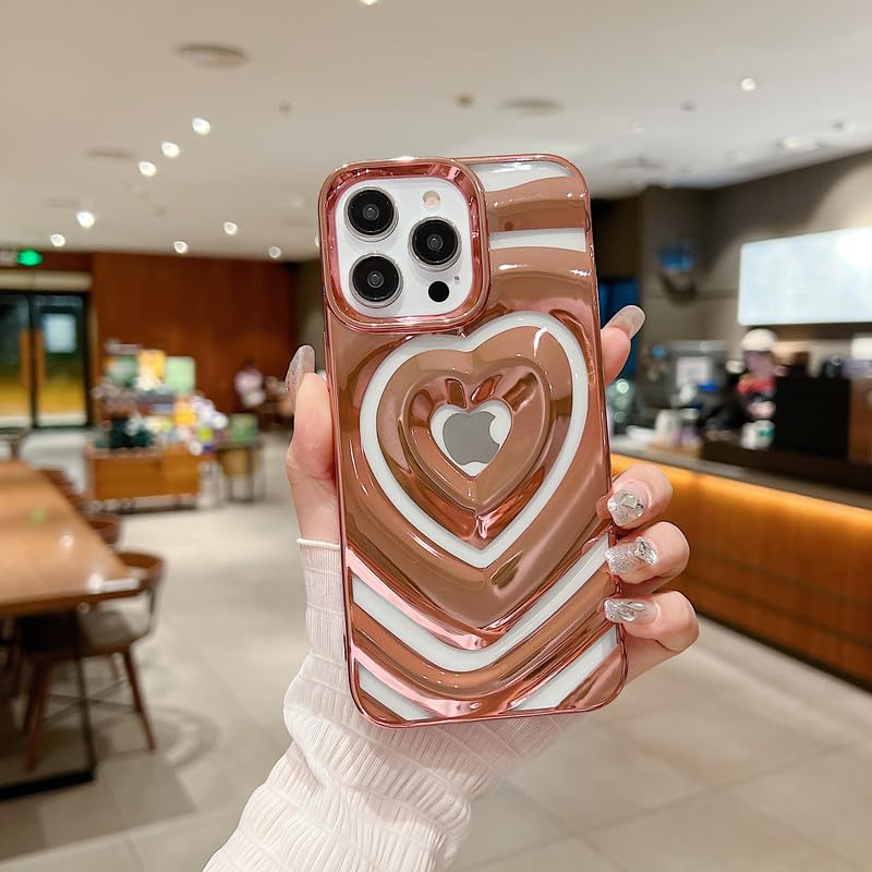 Image of LuxuryKase 3D Heart Love Pattern Shockproof Phone Case for iPhone 15 Pro | Soft TPU Bumper | Glossy Electroplated Edges | Full Camera Protection | Slim & Stylish Protective Cover - Gold