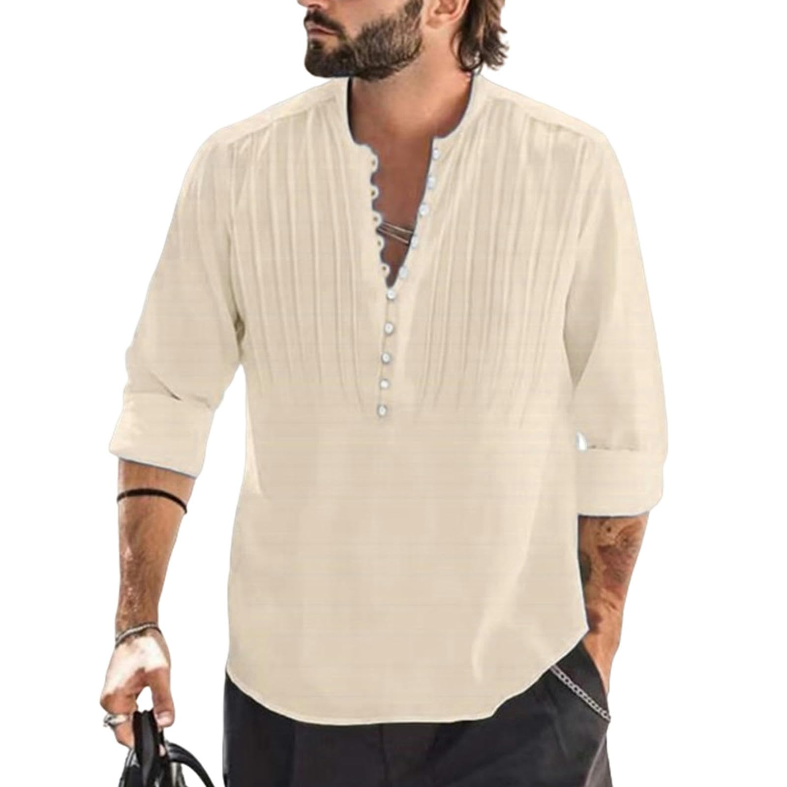 Uomo Maglia a Maniche Lunghe in Cotone Camicia Casual di Lino di Cotone della Camicetta da Uomo Loose-Cxcs-Blu-XXXL(Bust142Cm)