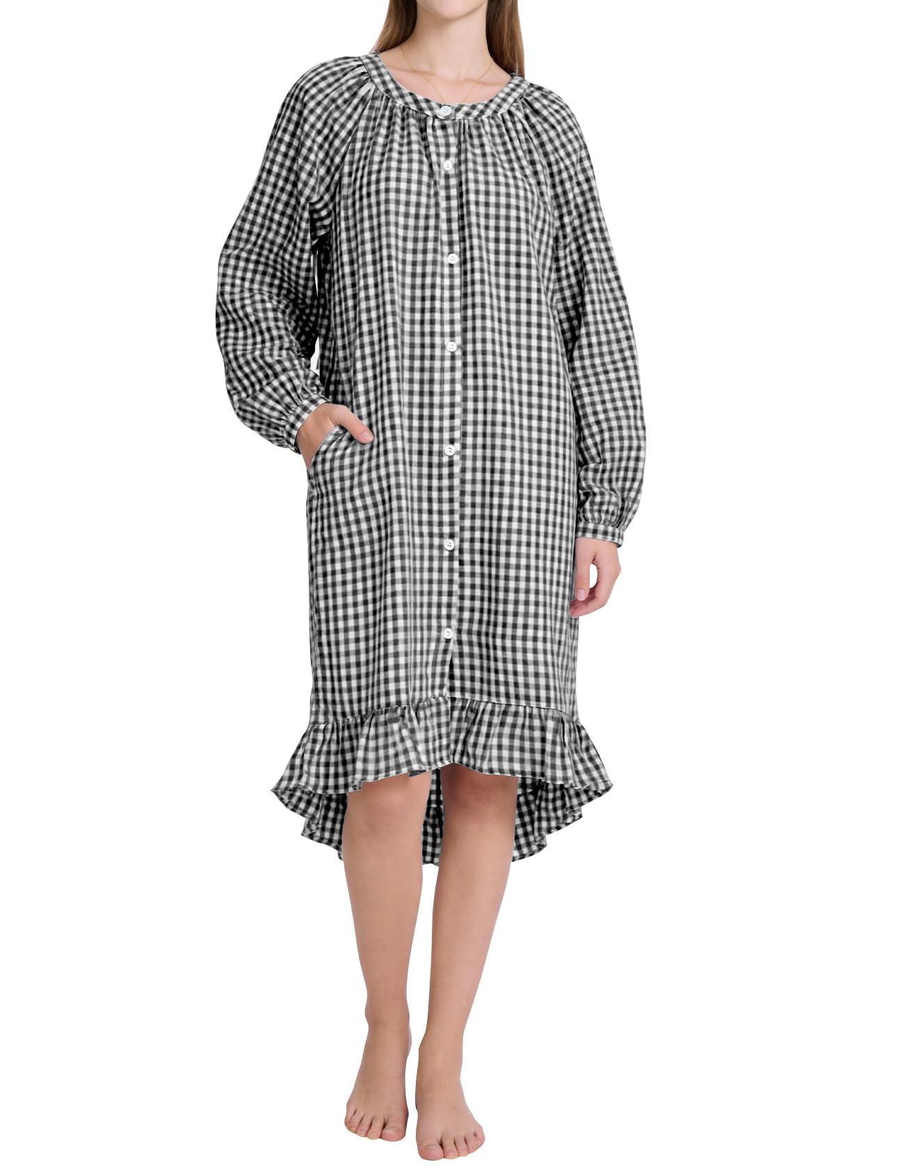 PEHMEA Women's Gingham Nightgown Cotton Long Sleeve Button Sleep Dress | Soft Breathable Lightweight Fabric, Loose Fit Ruffle Hem Sleepwear, Casual Loungewear Maternity Friendly