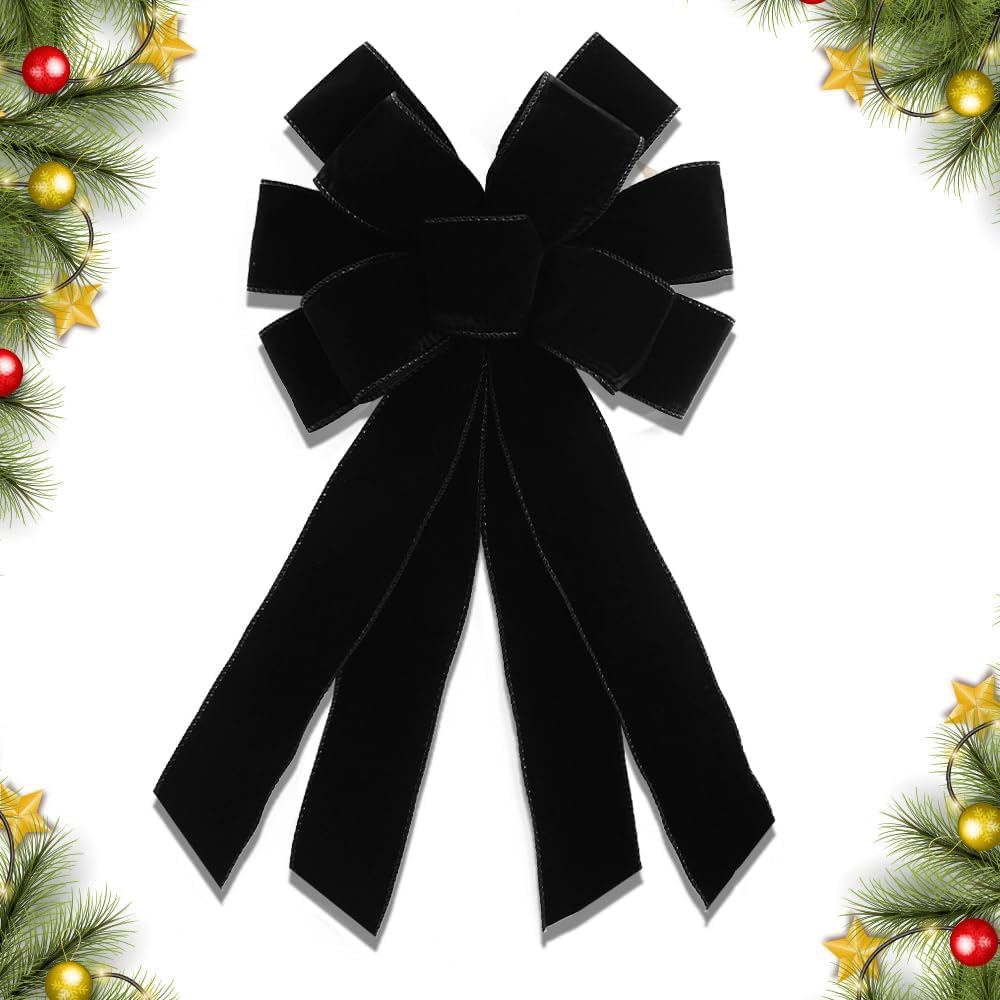 Lazo de corona de Navidad de 20 x 11 pulgadas, lazos de Navidad grandes de terciopelo negro, lazo de invierno para árbol de Navidad, adorno para decoración de puerta delantera del hogar