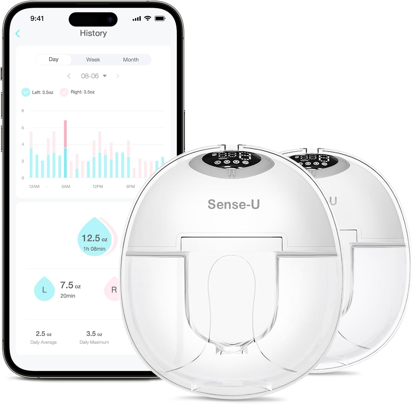 Sense-U Hands Free Wearable Breast Pump, 300mmHg Hospital-Grade Suction, Free Pumping Tracking App, FDA-Cleared Electric Discreet Pump, 4 Modes & 9 Levels, 19/21/24mm Double Sealed Flange, 2 Pack