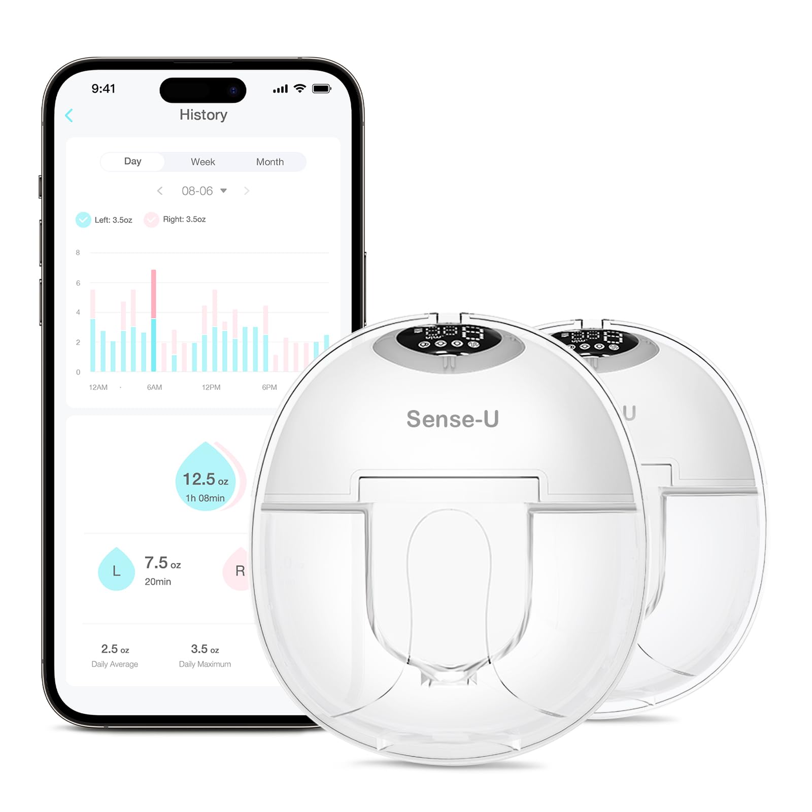 Sense-U Hands Free Wearable Breast Pump, 300mmHg Hospital-Grade Suction, Free Pumping Tracking App, FDA-Cleared Electric Discreet Pump, 4 Modes & 9 Levels, 19/21/24mm Double Sealed Flange, 2 Pack