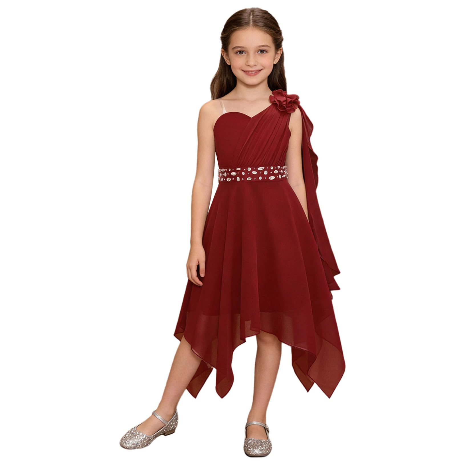 Freebily Vestito da Festa Cerimonia Matrimonio Damigella Bambine Ragazze Monospalla Elegante Abito da Sposa Comunione Battesimo Chiffon Vestito da Principessa Orlo Asimmetrico