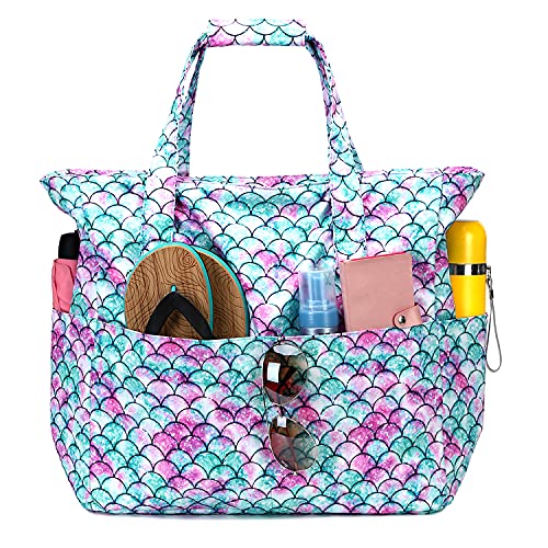 Waterproof Sandproof Beach Pool Bags for Women Ladies Extra Large Gym Tote Carry On Bag With Wet Compartment for Weekender Travel (Mermaid)