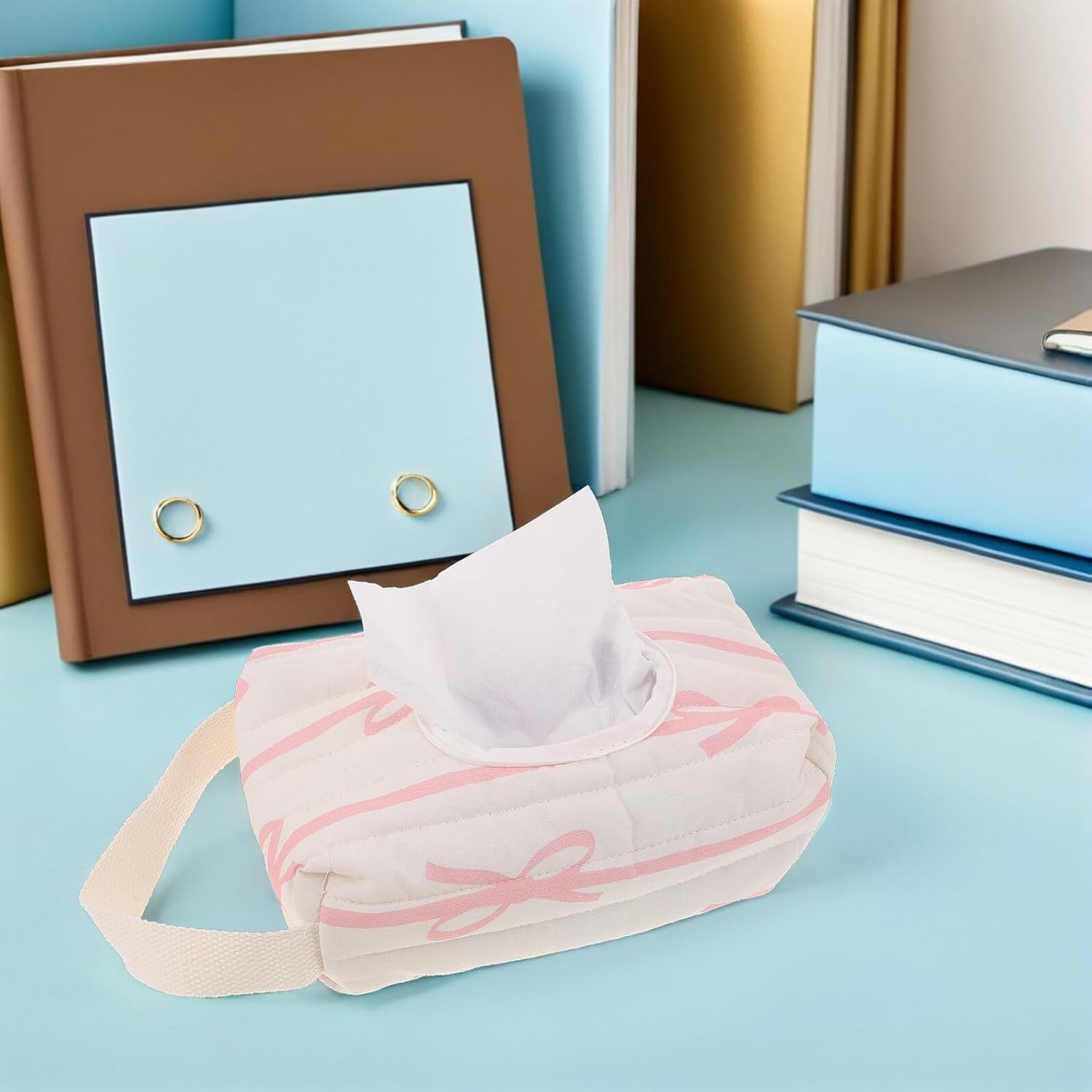 Portable Tissue Holder Box with Striped Bow Design, Hanging Flip-top Diaper Wipe Container, Car Tissue Dispenser for Travel and Outdoor Use