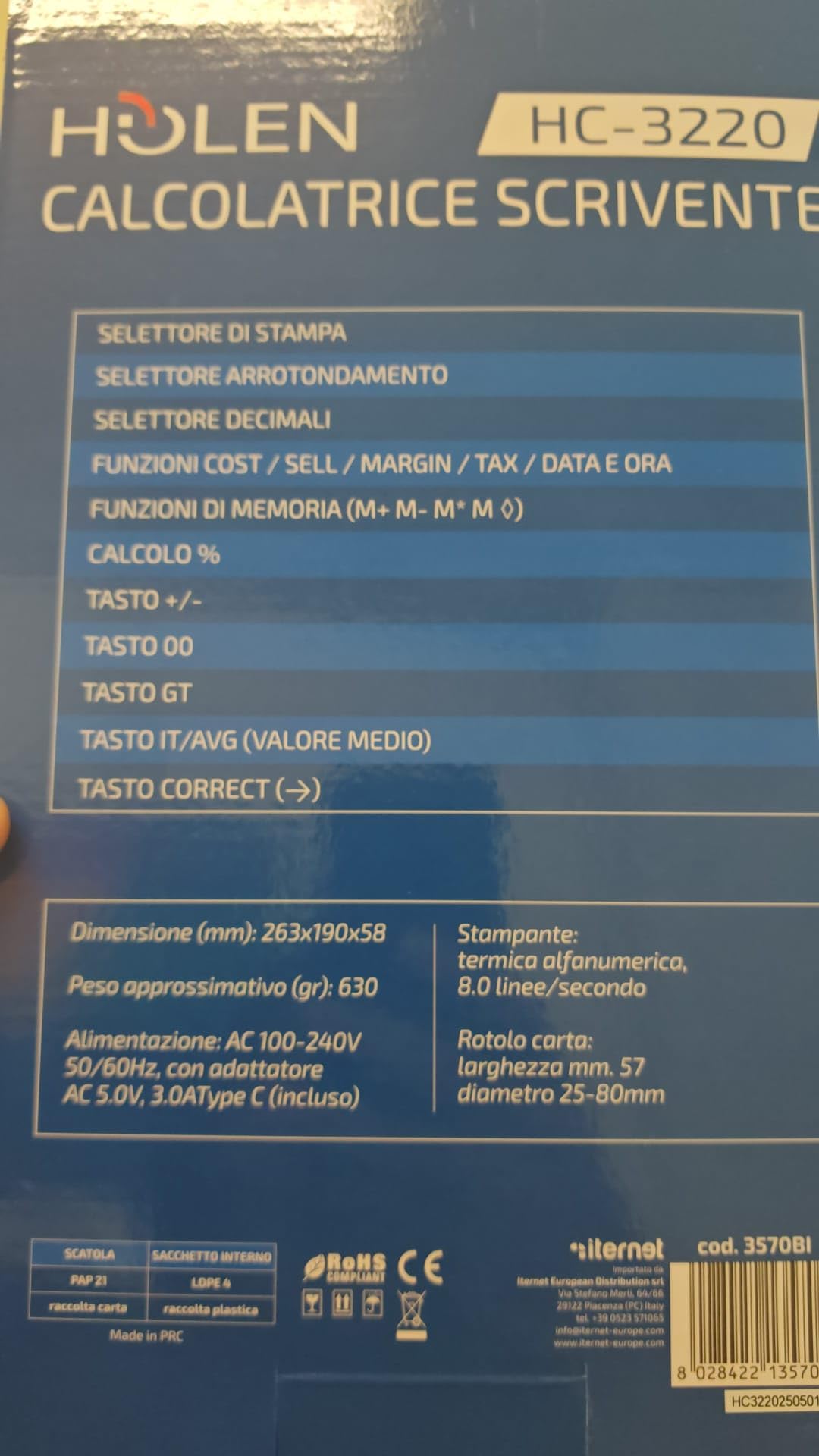 Holen HC-3220 kalkulator termiczny z wyświetlaczem LCD, 12 cyfr, wbudowaną drukarką, funkcjami biznesowymi, biały