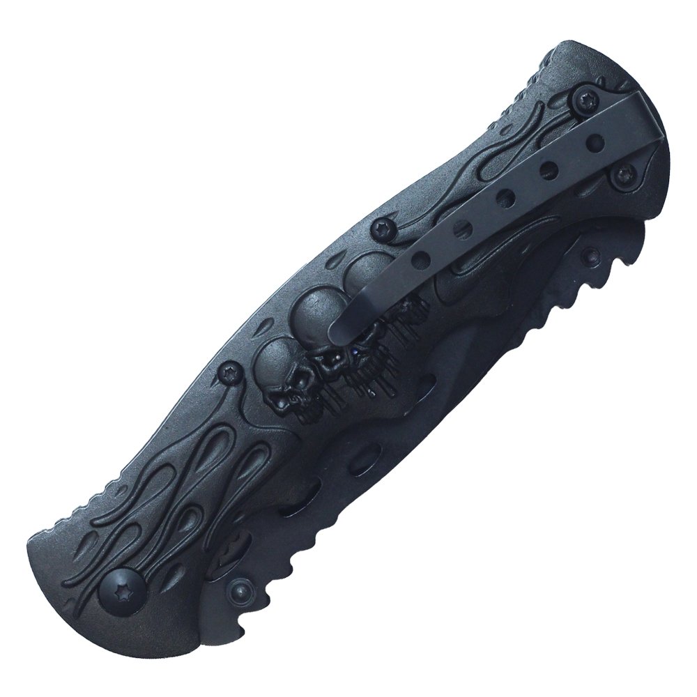 Wartech Thumb Open Spring Assisted Double Blade Skull Frames Handle Knife (Blue)