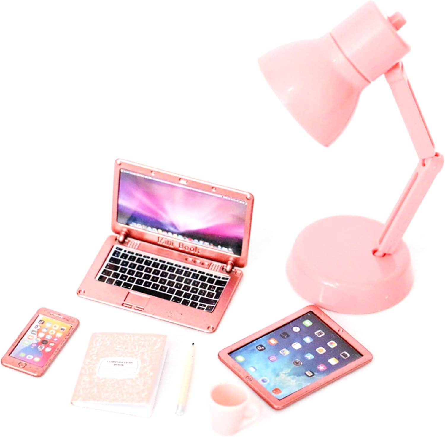 6Pcs 1/12 Scale Dollhouse Office Accessories Mini Laptop, Tablet, Phone & Books Set