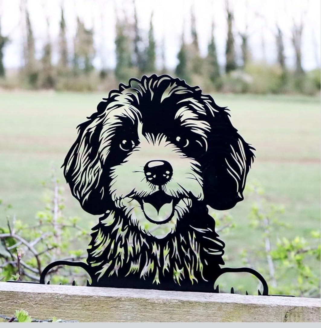 FAHAAM Peeking Cockapoo Fence Topper, Black, Steel Metal, 32cm, Garden Silhouette Decor