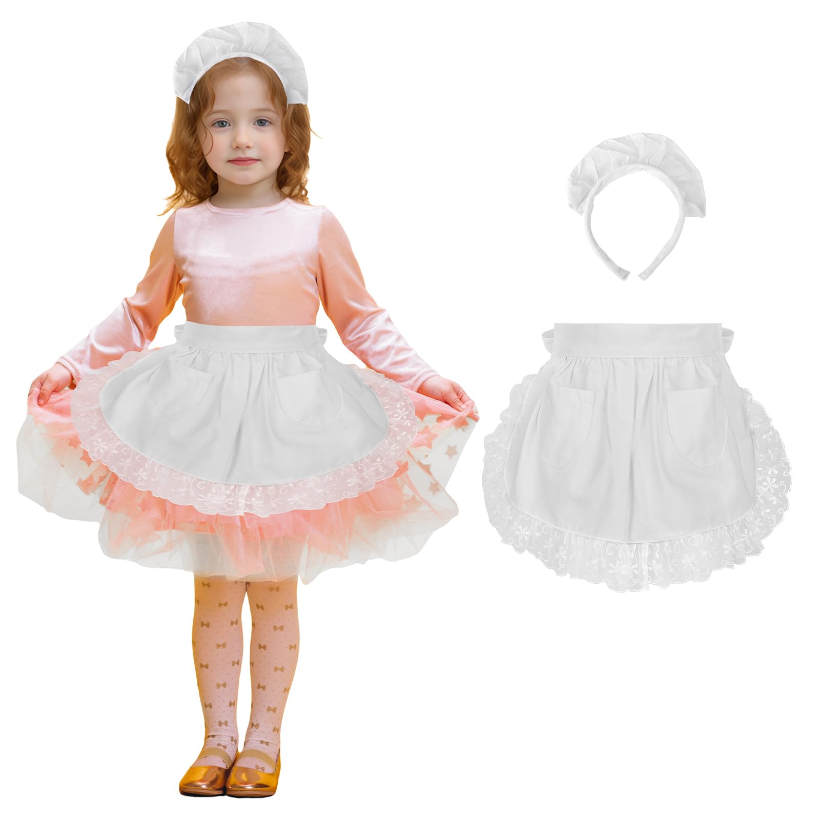 Aspire Waist Apron and Headband Set, Halloween Women's White Lace Cotton Half Apron Costume Maid Apron with Pockets - M