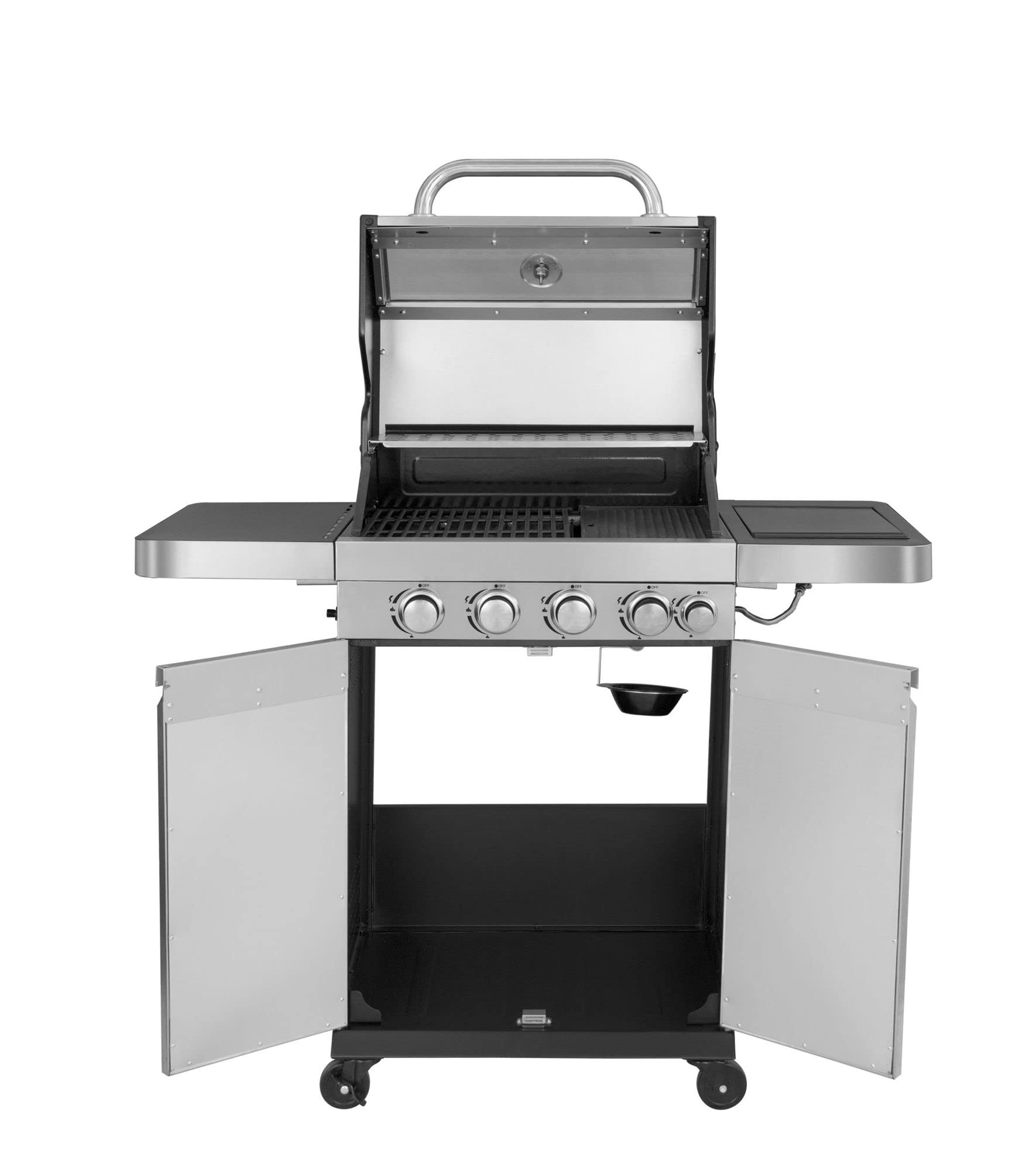 Grill gazowy ze stali nierdzewnej "Sunset Beach" 4 + 1 palnik, ruszt do grillowania i żeliwna płyta grillowa, półka boczna do składania