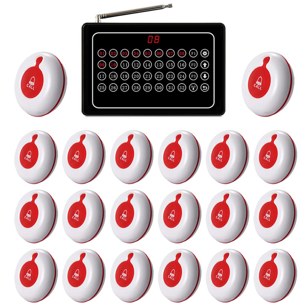 Sistema di chiamata Wireless Caregiver Pager Nurse Alert System SOS Call Bell Button Alarm per ristorante ospedale clinica Caregiver infermiera con 1 ricevitore 20 pulsante di chiamata