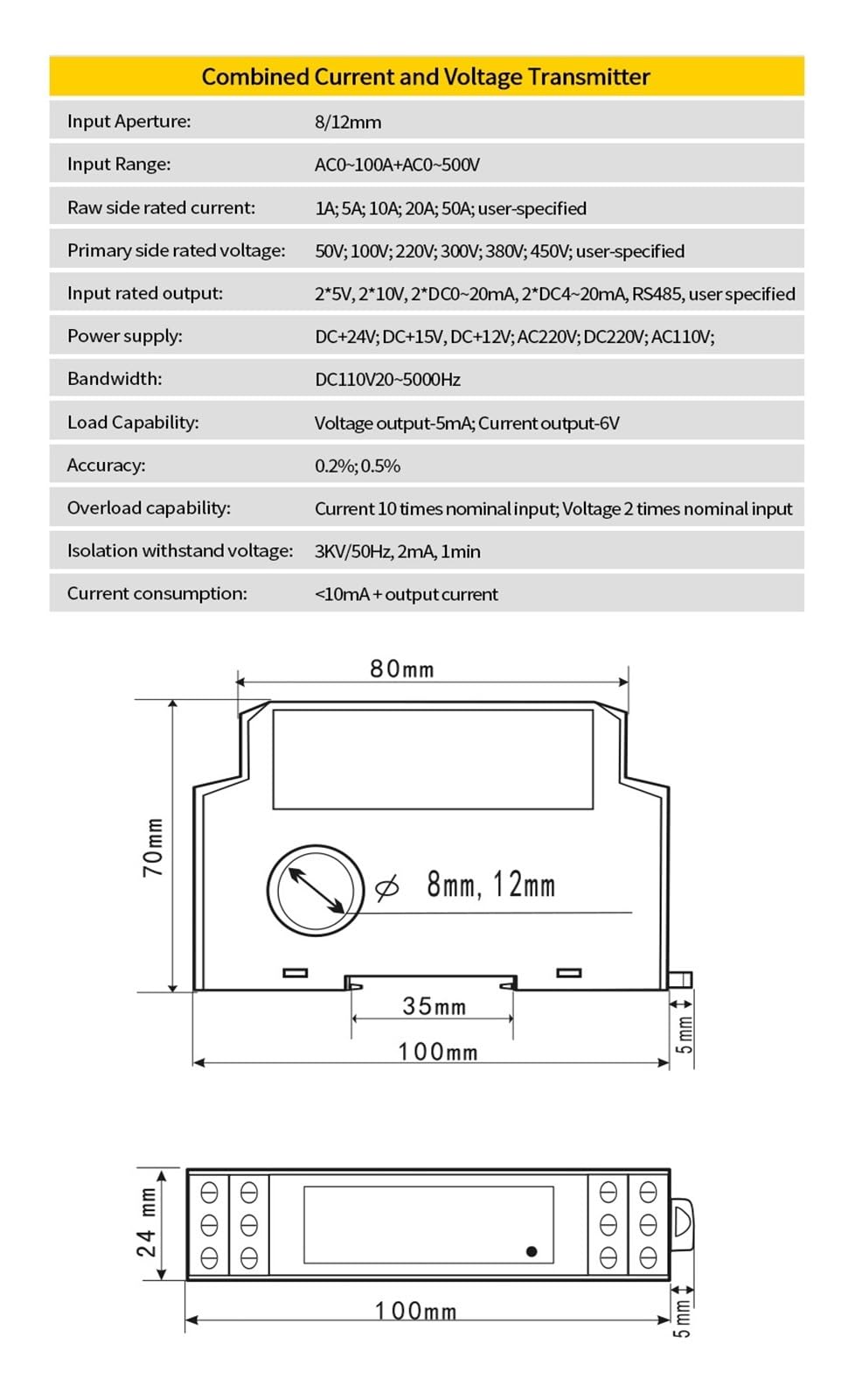 Trasduttore di Tensione e Corrente AC 24V DC 0-100A 0-500V Trasmettitore di Tensione e Corrente 4-20mA 0-10V 0-5V RS485 Trasmettitore di Tensione e Corrente(AC 0-5A_AC 0-200V)