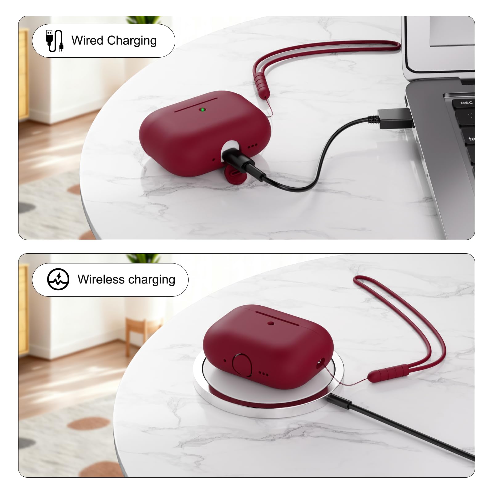 Silikonowe etui Kompatibel mit AirPods Pro 3. generacji, pełna ochrona, miękkie silikonowe etui na AirPods Pro 3 z silikonową smyczą, widoczna przednia LED, Burgund