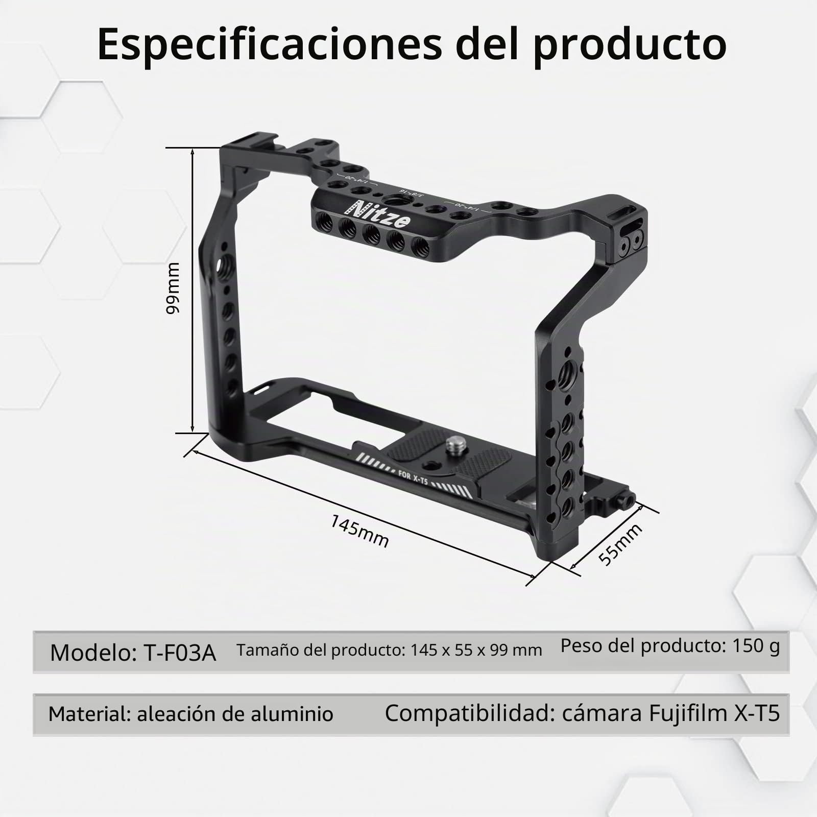 Nitze XT5 Jaula para Cámara Fujifilm X-T5, con NATO Riel, Placa QR - T-F03A