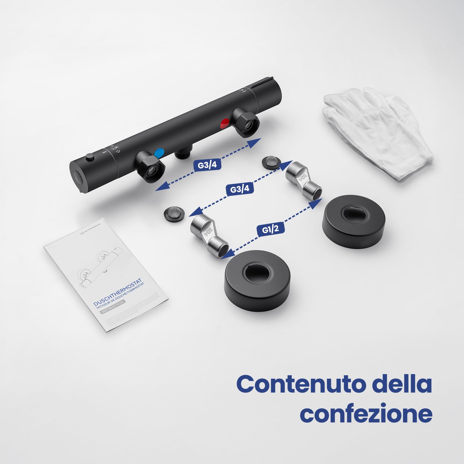 Auralum Miscelatore Doccia Nero, Miscelatore Termostatico Doccia, Rubinetto Doccia da Muro con Controllo Costante Della Temperatura a 38℃, Miscelatore Doccia Esterno per Vasca da Bagno, con Deviatore