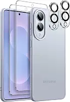 JETech 5 em 1 Capa Fosca para Samsung Galaxy S25 Edge com 2 Protetores de Tela e 2 Protetores de Lente de Câmera, Case de Traseira Translúcida para Celular, Película de Vidro Temperado (Azul)