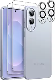 JETech 5 em 1 Capa Fosca para Samsung Galaxy S25 Edge com 2 Protetores de Tela e 2 Protetores de Lente de Câmera, Case de Traseira Translúcida para Celular, Película de Vidro Temperado (Azul)