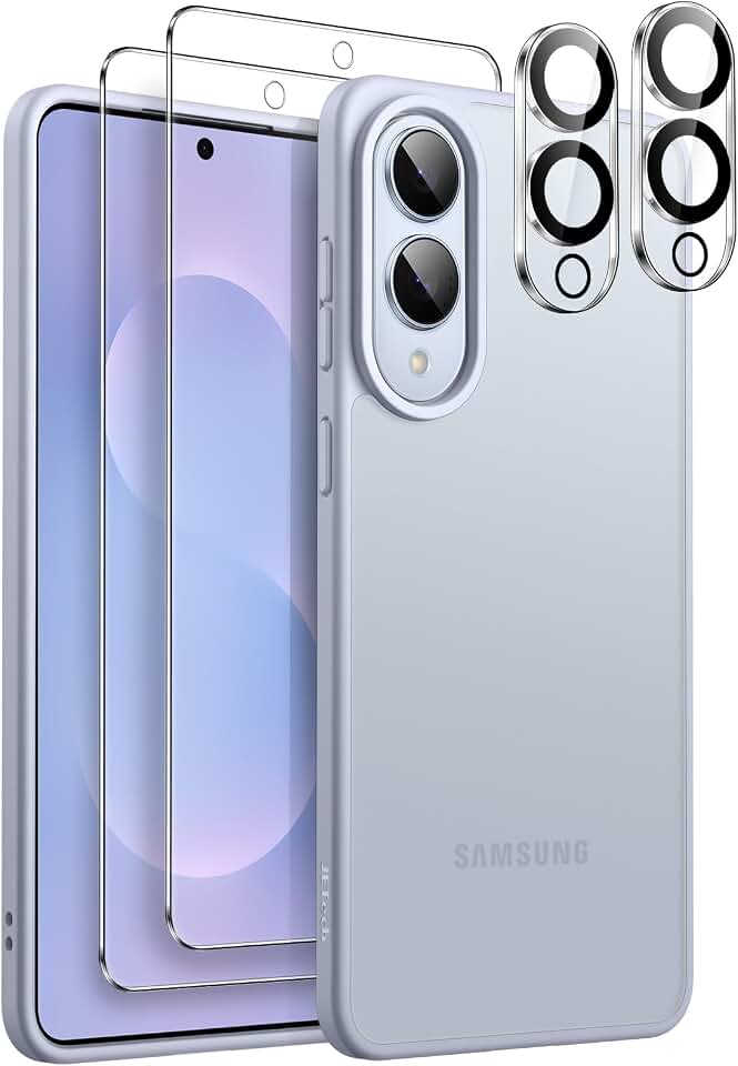 JETech 5 em 1 Capa Fosca para Samsung Galaxy S25 Edge com 2 Protetores de Tela e 2 Protetores de Lente de Câmera, Case de Traseira Translúcida para Celular, Película de Vidro Temperado (Azul)