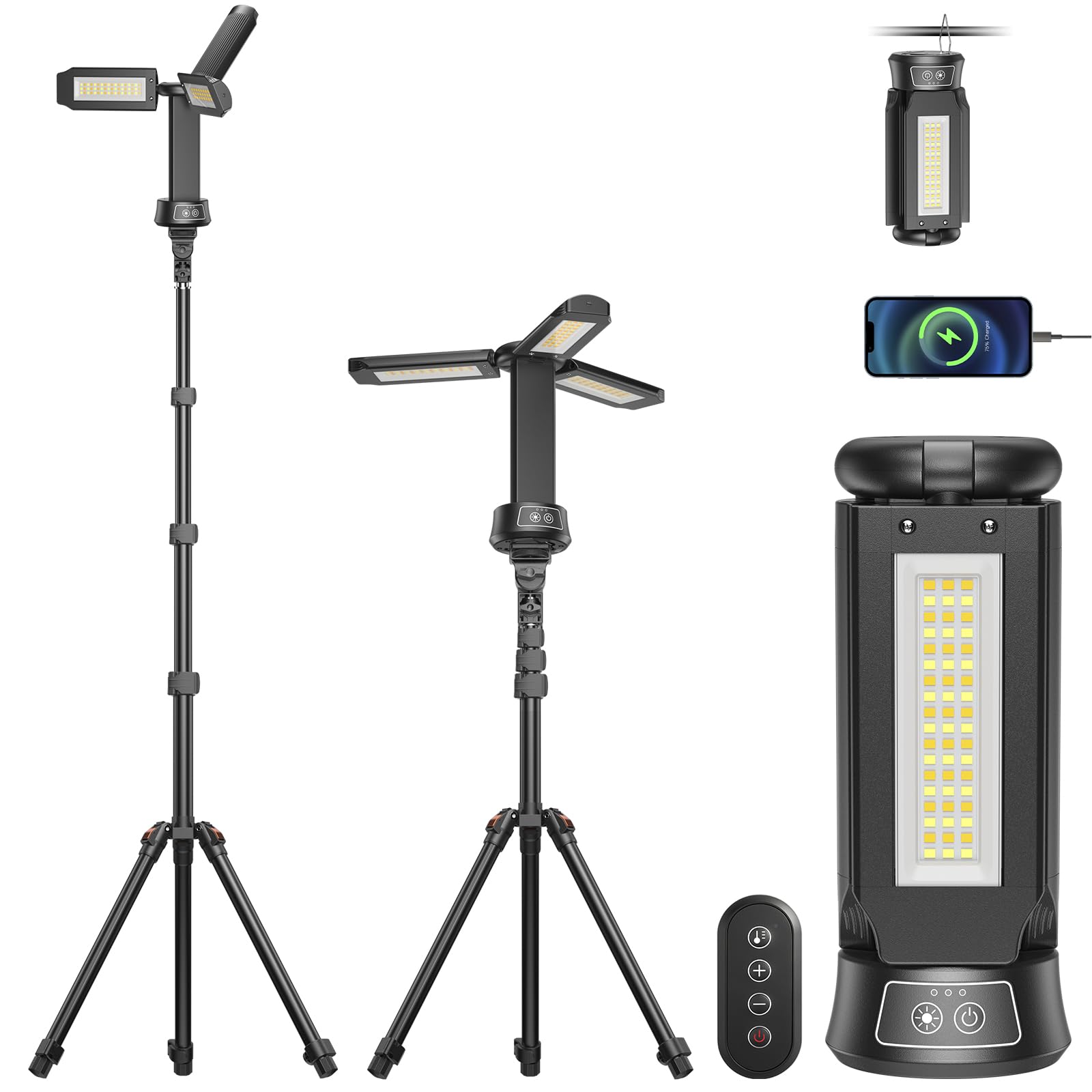15000mAh Foco LED Recargable con Mando a Distancia, 5000LM Foco Exterior Batería, 5 Modos, Trípode Regulable de 2,08 m, Lámpara de Camping Regulable con Bolsa de Transporte para Taller, Emergencia