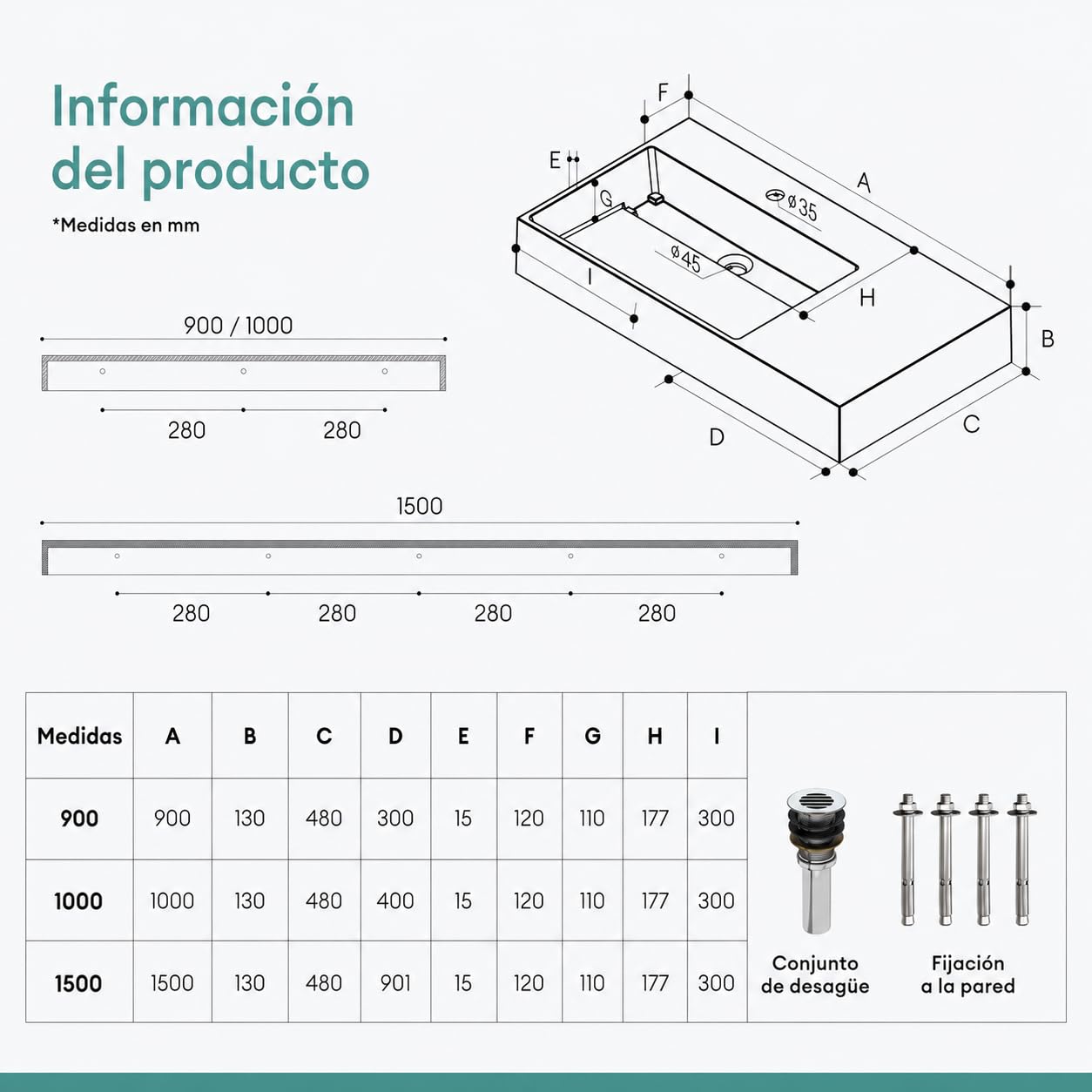 Mai & Mai Lavabo Izquierdo sobre Encimera 100cm Antracita Col12 | Lavabo Suspendido Mármol Fundido, con Orificio para Grifo y Válvula Desagüe, Conexión Estándar DIN, Tapa de Desagüe Oculta