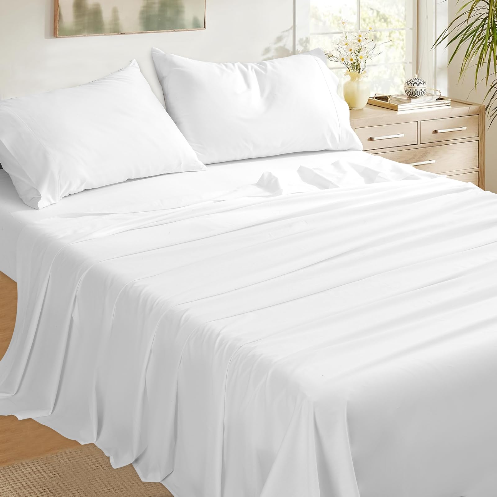 Bedlifes Lenzuola in 100% cotone egiziano, per letto matrimoniale, 400 fili, rinfrescanti, per chi dorme caldo, traspiranti, morbide, setose, con tasca profonda 40 cm, 4 pezzi, colore: bianco