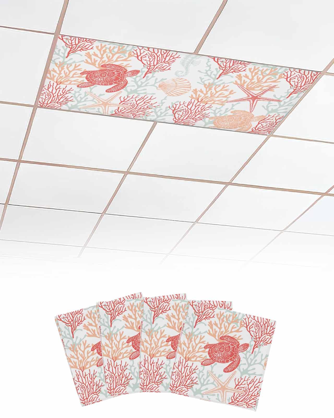 Nautical 4 Pcs Fluorescent Light Covers for Ceiling Lights, Summer Coral Shell Starfish Turtle Sea Horse Turquoise Magnetic Light Filters for Eliminate Harsh Glare Classroom Office Decoration, 4x2 Ft