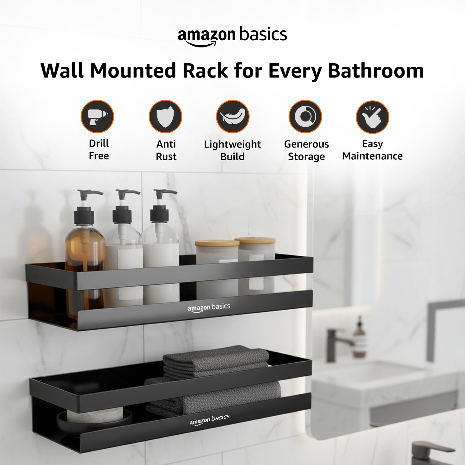 Amazon Basics Wall Mounted Bath Rack- Drill Installation | Large Mild Steel Bathroom Shelf for Shampoo, Conditioner, Soap & Toiletries | Rust-Resistant, Durable & Easy to Clean Bathroom Organizer β 35 x 13.6 x 6.5 cm, Pack of 2, Black