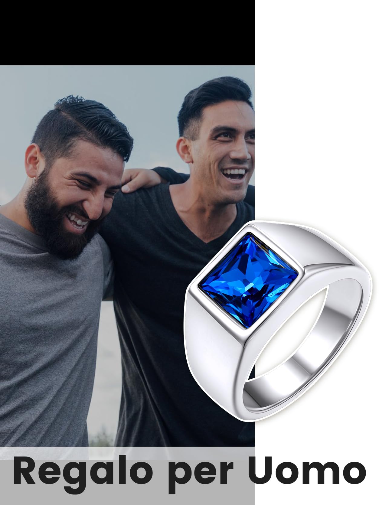 GoldChic JEWELRY Anello Pietra Zaffiro Ossidiana Alta Trasparenza Intarsio 3D Tagliato a Diamante Anello Uomo Acciaio Misura IT 14-32