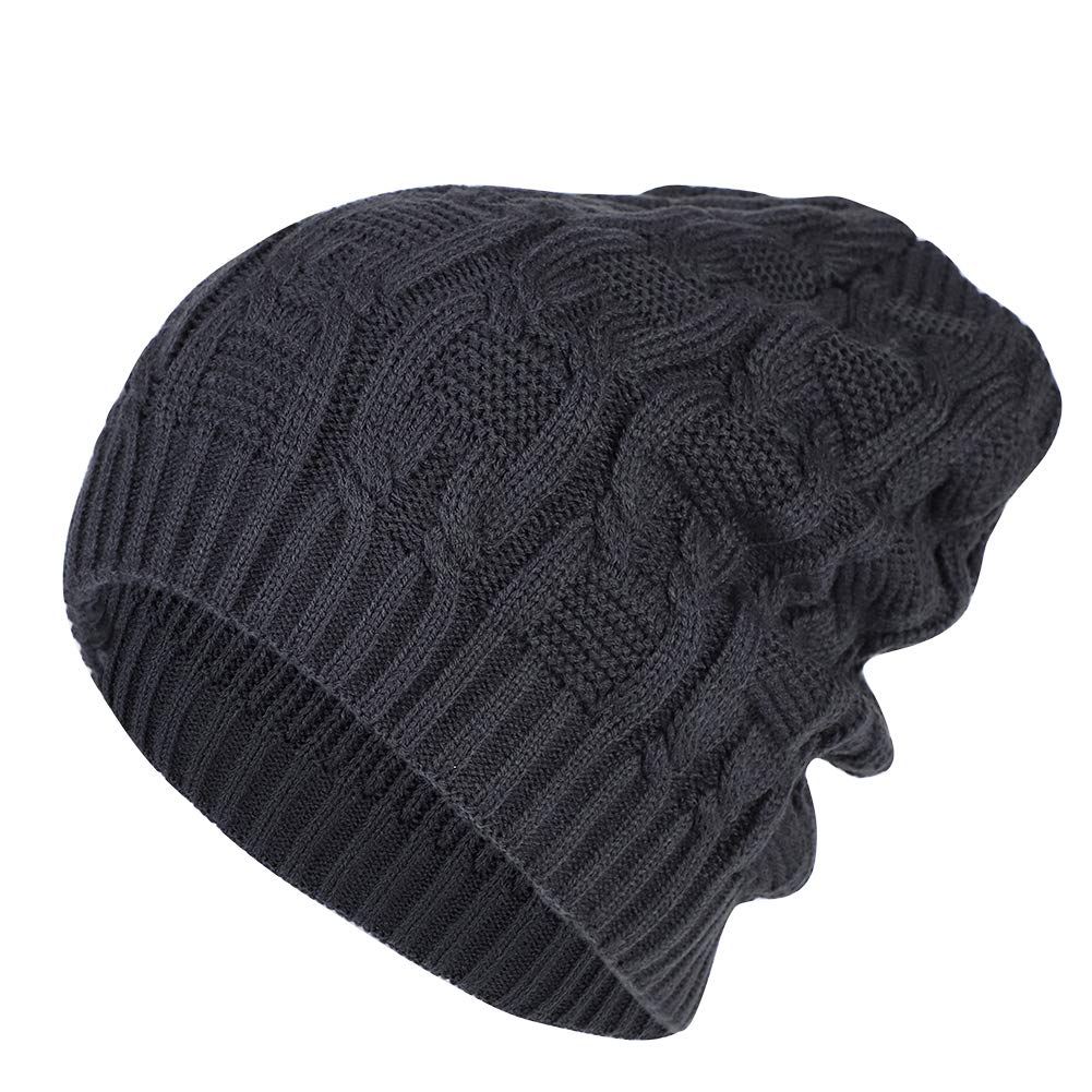 Women's Knitted Slouch Beanie - Black & Grey Wool Crochet Knit Hat - Warm Winter Skull Cap for Ski, Snowboarding, Hiking & Camping
