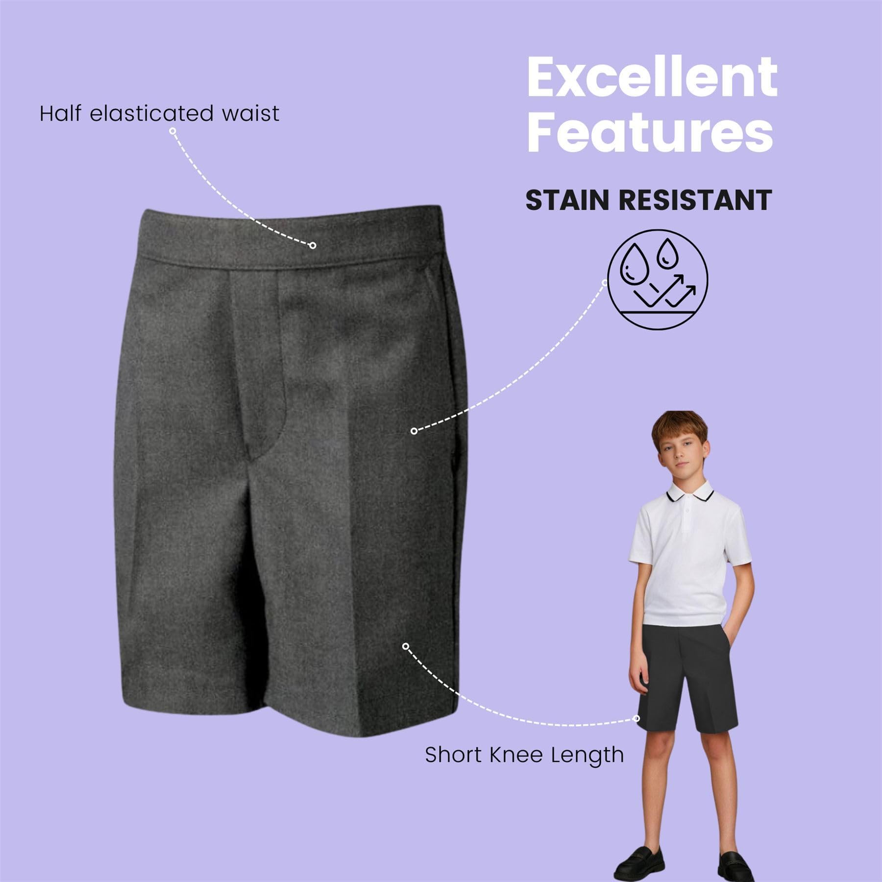 Pantalones cortos de uniforme escolar para niños, paquete de 3 unidades, longitud hasta la rodilla, parte trasera elástica, con revestimiento de teflón, pantalones cortos con bolsillos, de