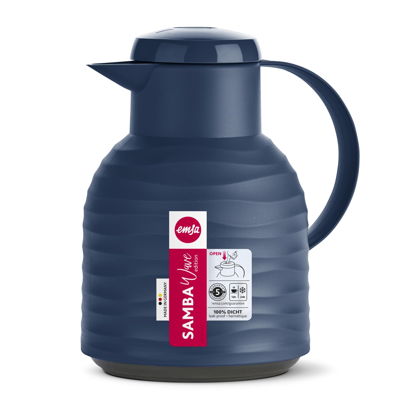 Emsa N4011000 Samba Wave Isolierkanne | 1,0 Liter | Quick-Press Kunststoff | Glas-Isolierkolben | Kaffeekanne: 12h heiß/24h kalt | 100 % dicht