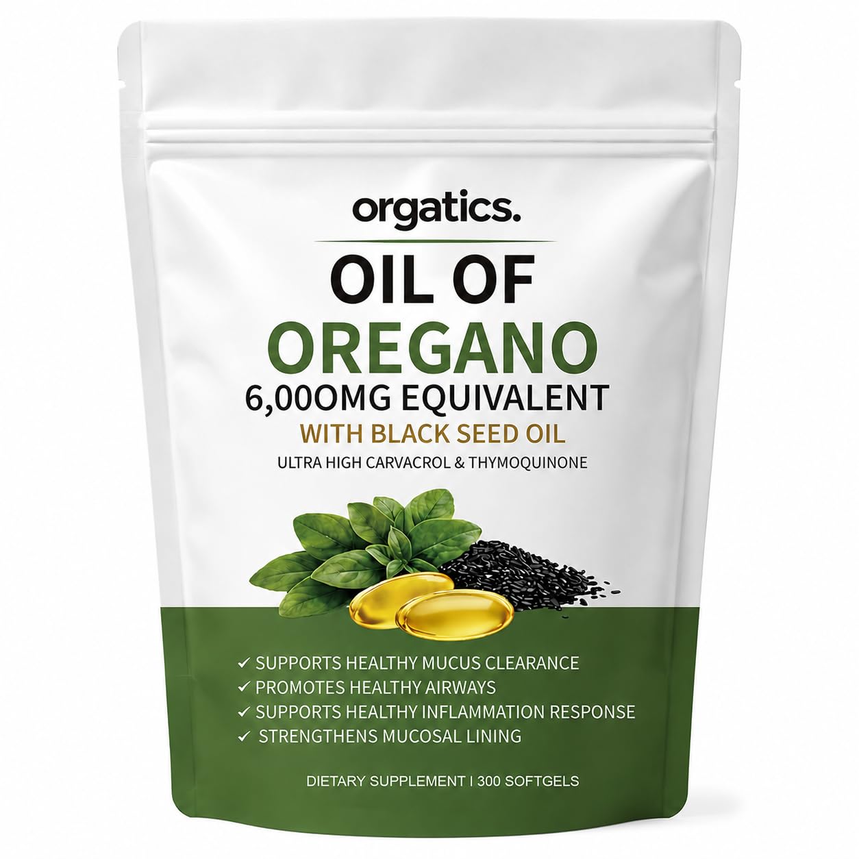 Orgatics Oil of Oregano with Black Seed Oil Softgels, with Carvacrol & Thymoquinone, Daily Wellness Support