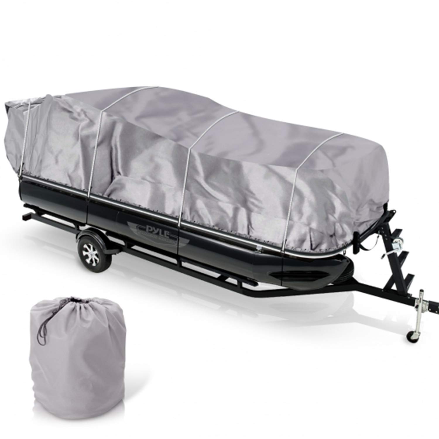 Pyle Universal Boat Adjustable Storage Cover - 25'-28'L to 96” Pontoon Boats Protection Custom Heavy Duty Waterproof Polyester Fabric, Snap Strap, Elastic Cord, Bag