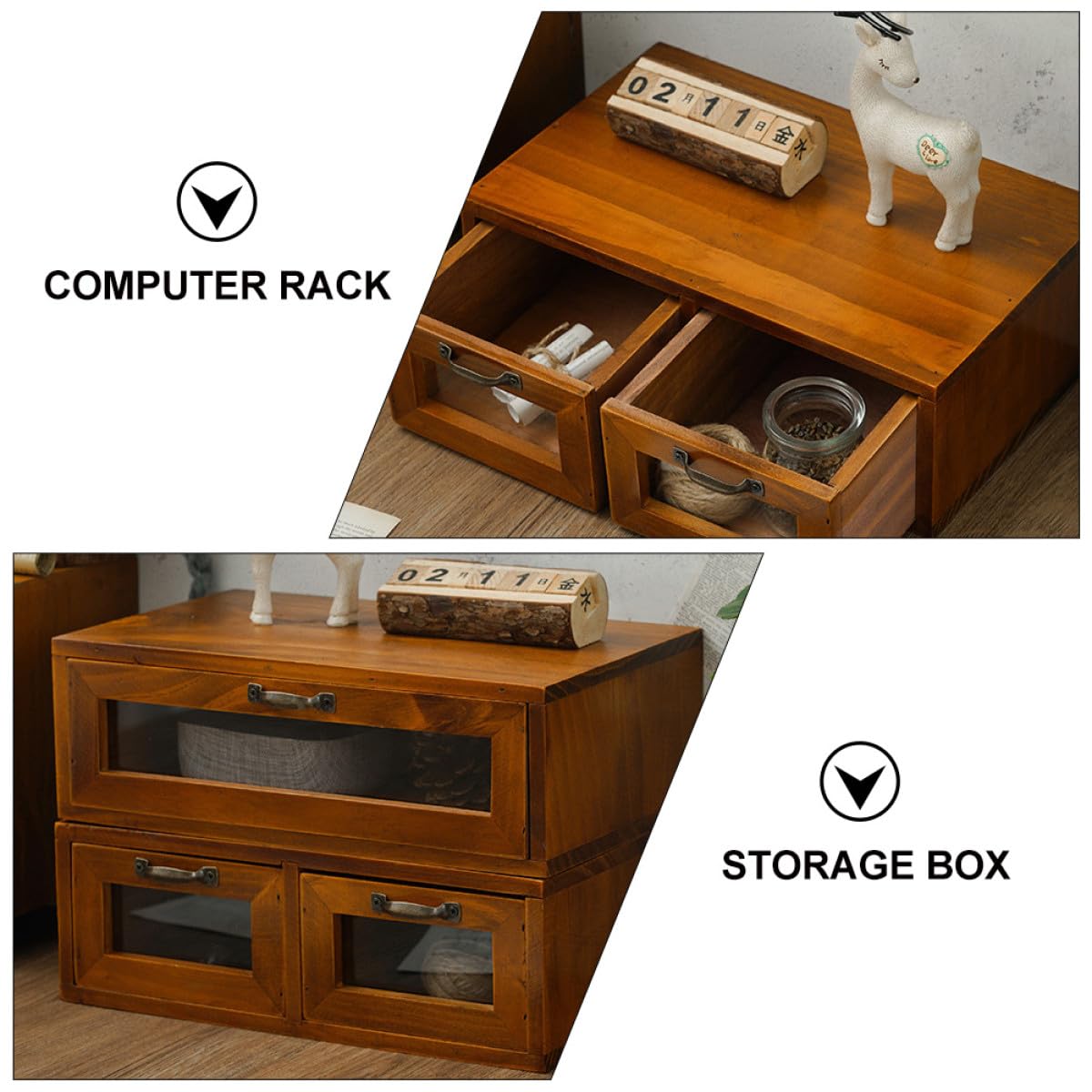 Supporto Rialzato Cassetto Legno per Monitor da Scrivania, Organizer in Legno Spazio per Cancelleria e Accessori, per Studenti e Appassionati di Makeup
