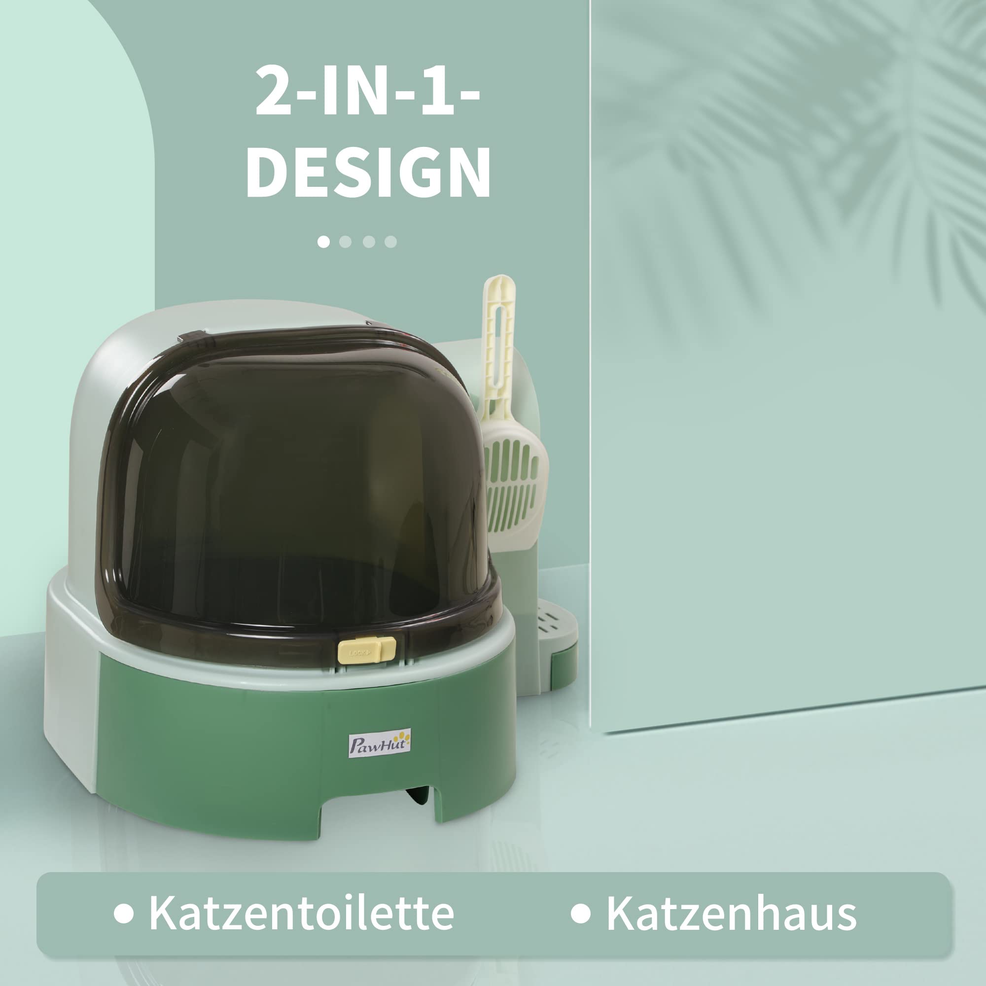 PawHut Katzentoilette, Katzenhaus, Katzenklo inklusive Schaufel, 2 Herausziehbarer Bodenwannen, Haube, Grün, 52 x 60 x 42 cm | Ausziehbares Tablett, Schaufel