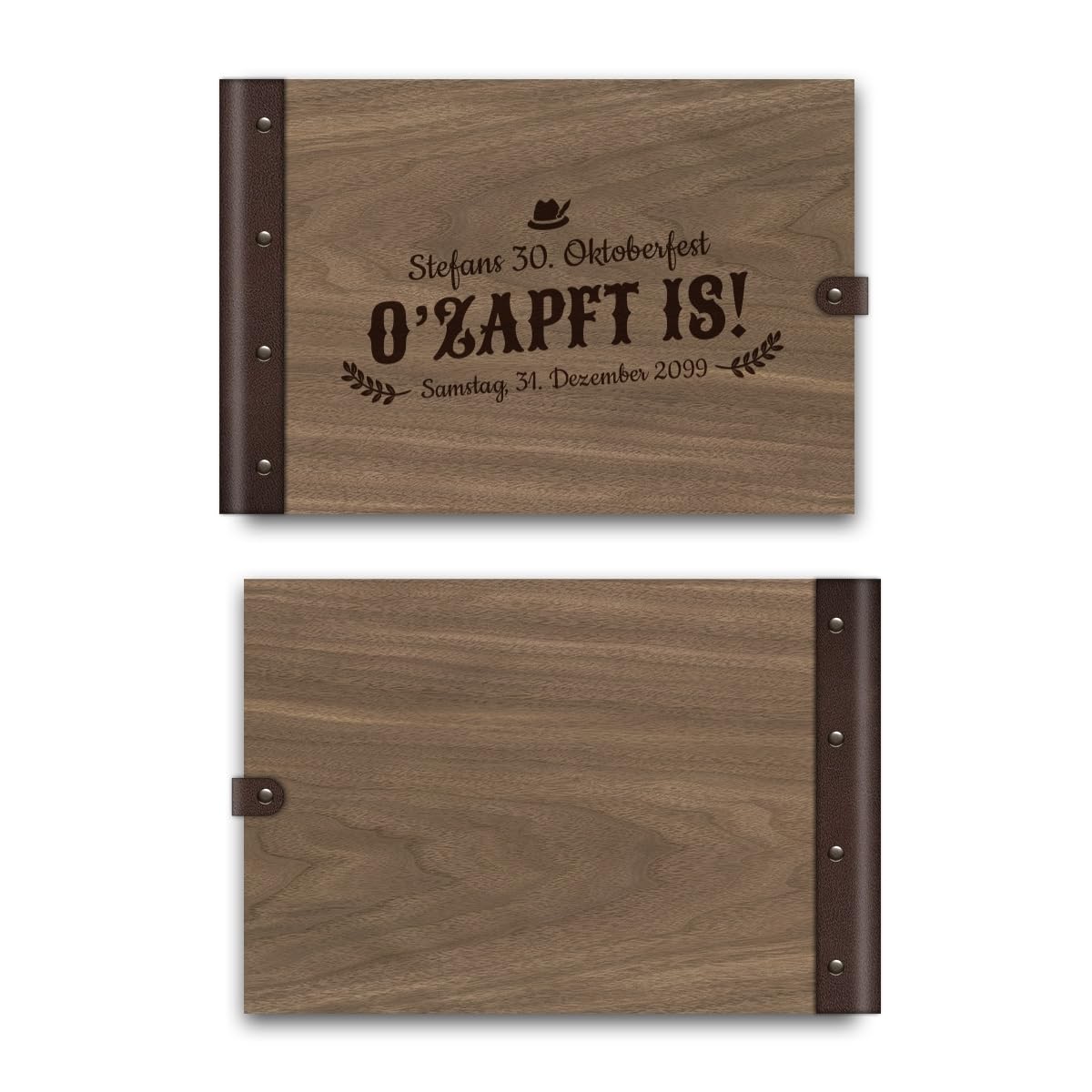 Personalisiertes Geburtstag Gästebuch echtes Holz DIN A4 Erinnerungsbuch mit Lasergravur - Ozapft is - mit 72 Blatt / 144 Seiten Naturpapier Weiß