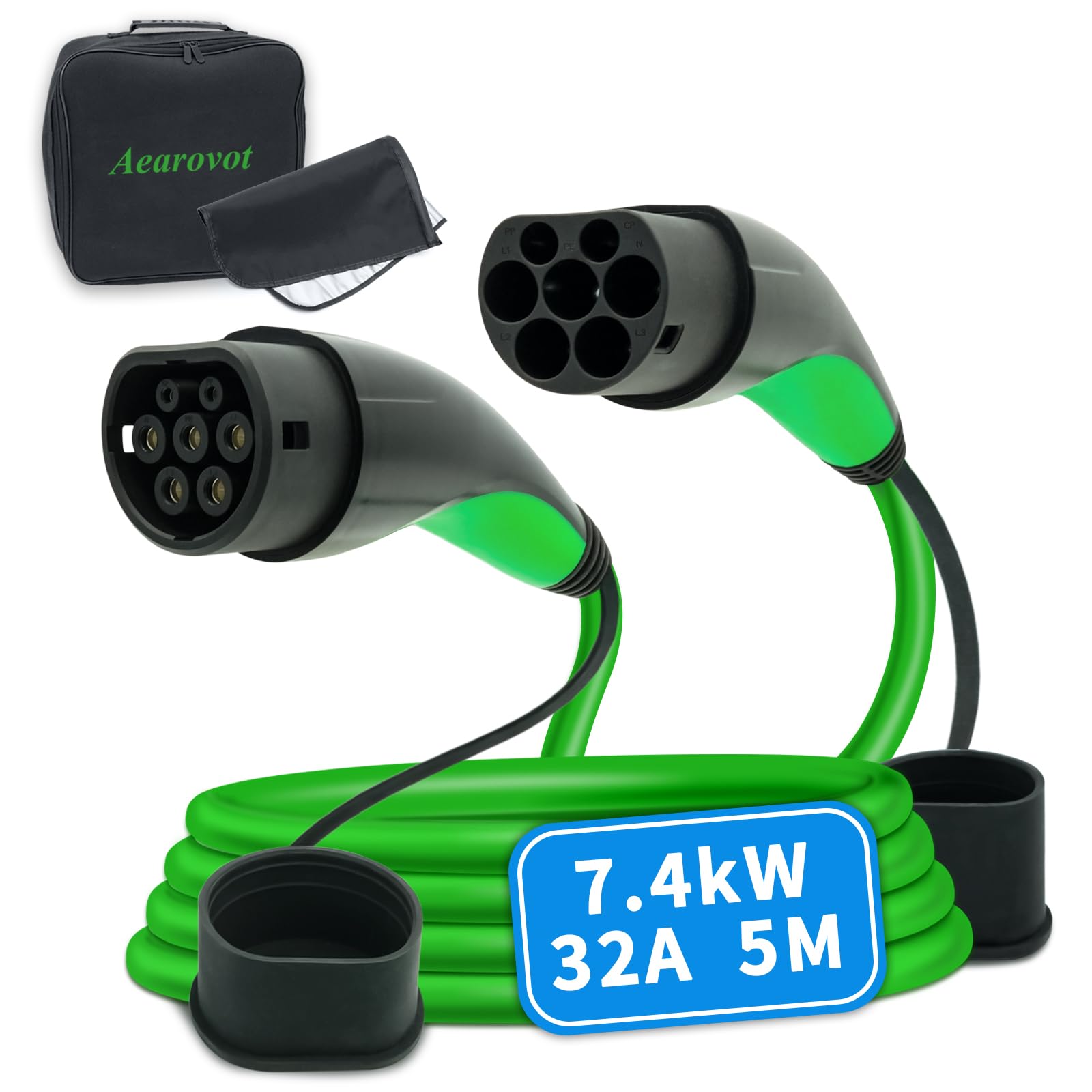 Typ 2 Ladekabel 7,4 kW [32A 1-phasig 5 m Modus 3 IEC 62196-2 ] Elektroauto Ladekabel mit Aufbewahrungstasche & Regenschutzhülle, passend für Wallbox & öffentliche Ladestation,(Grün)