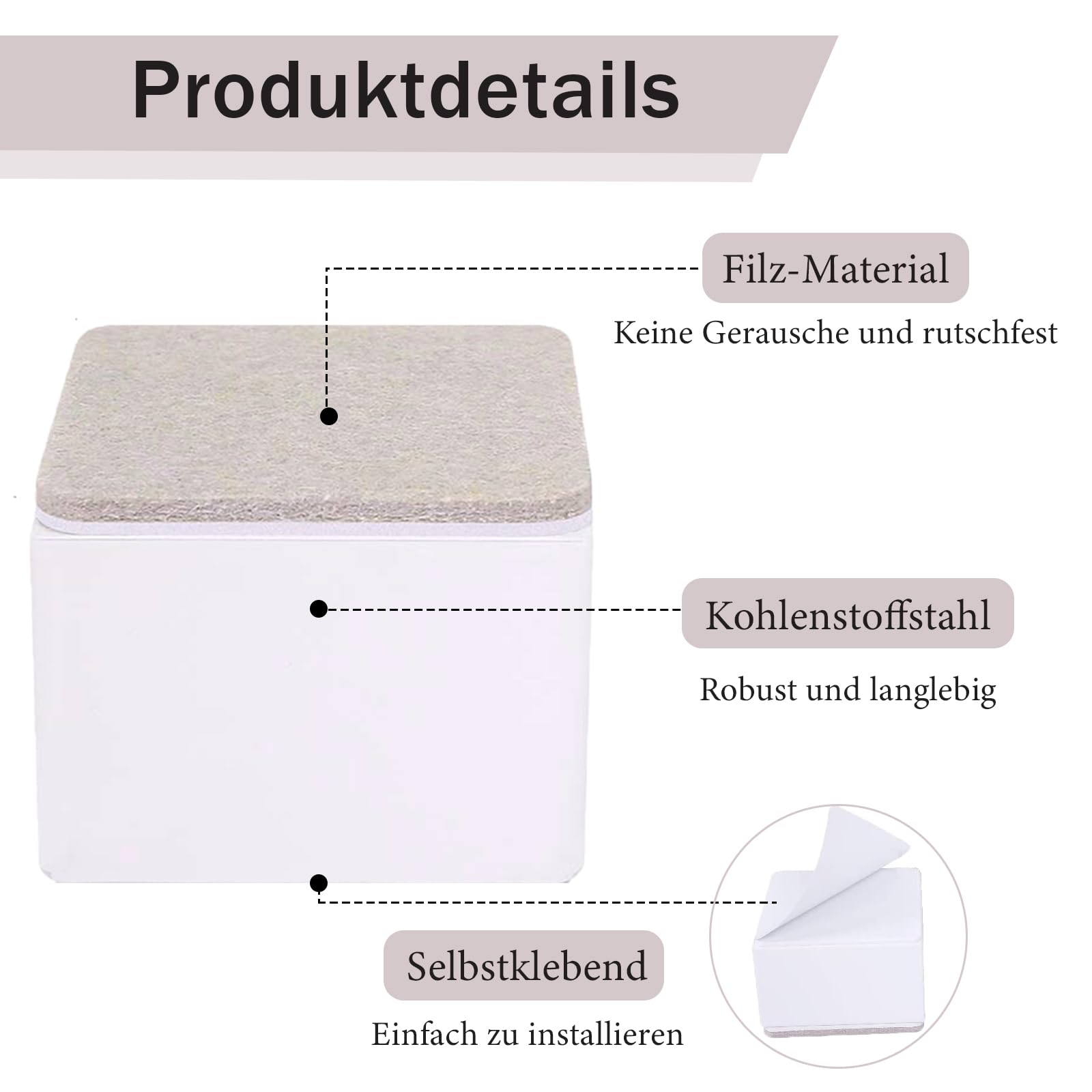 ARCPNRT Meubelverhoging van koolstofstaal, 4 stuks, zelfklevende meubelverhogingen, banken en kasten, hoge belasting, diameter 6 cm, voegt 5 cm hoogte toe aan bedden, vierkant, wit