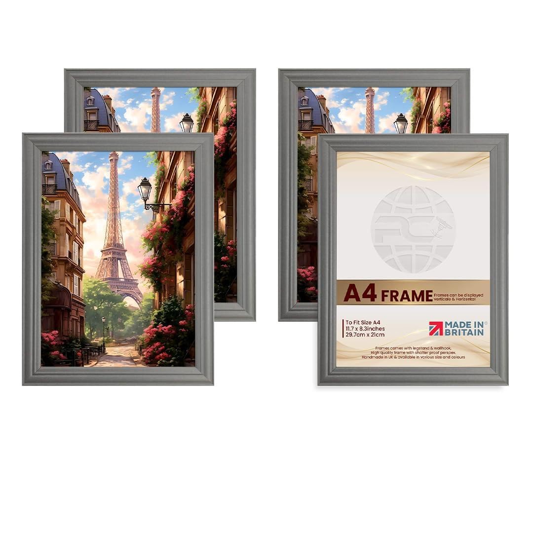 Procut Global Picture Frames A4 Dark Grey (Pack of 4) - Classic A4 Frames With Safe Perspex Front & Wall Hanging Hooks - Premium Synthetic Wood - Handmade Frames — image 1