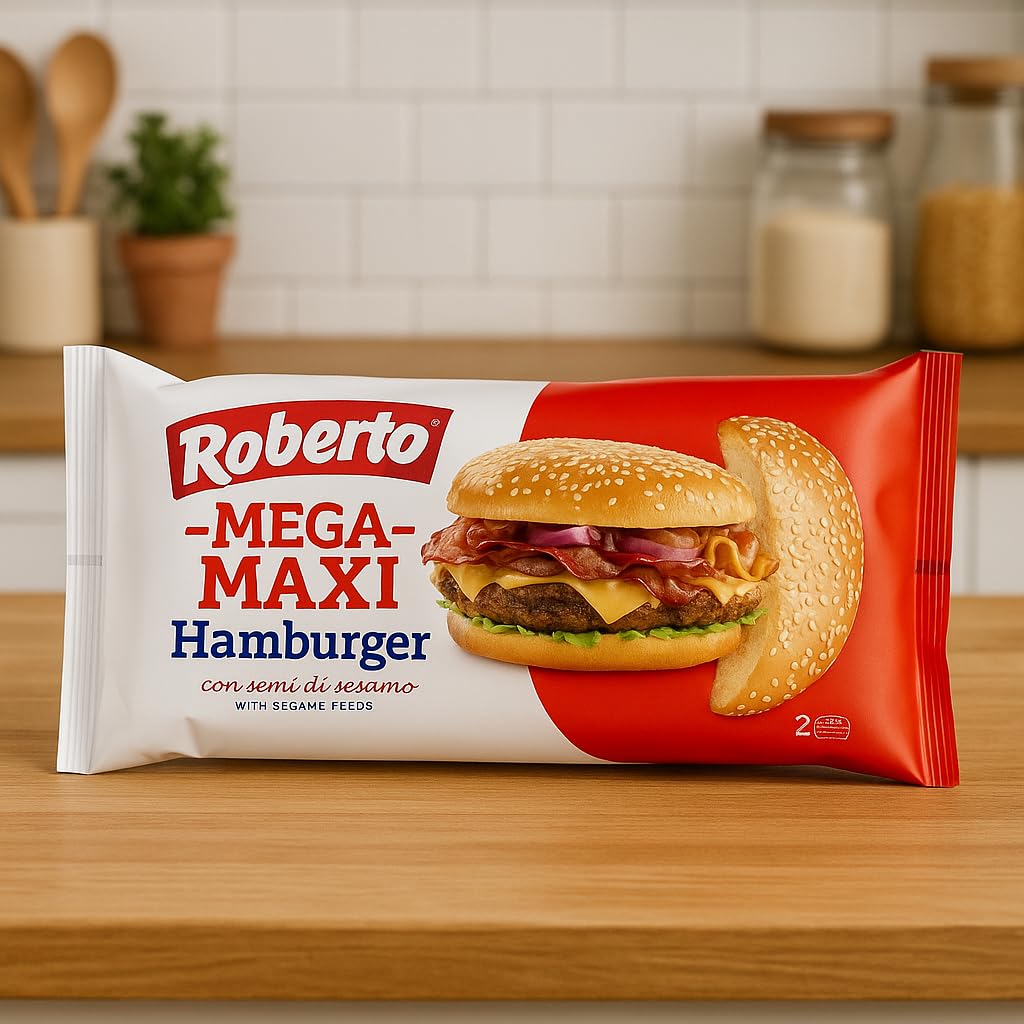 "Roberto Mega Maxi Hamburger – Pane Morbido con Semi di Sesamo, 2 Panini per Confezione, Ideale per Hamburger Giganti e Grigliate, Scorta da 8 Confezioni"