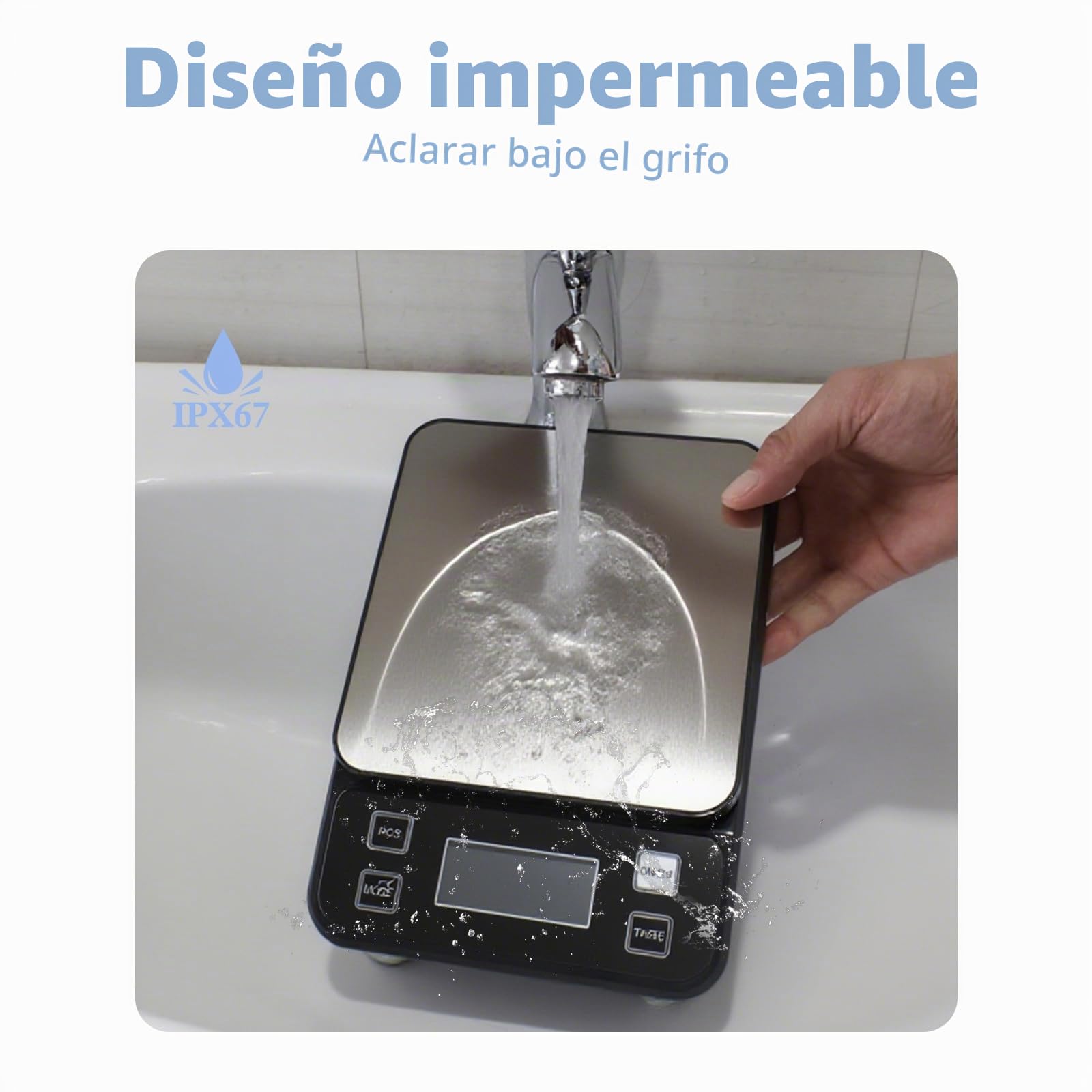 Báscula de cocina impermeable IPX67, 10 kg, báscula de cocina digital, alta precisión, 0,1 g, con 10 unidades y plataforma de pesaje de acero inoxidable, USB C recargable, báscula digital